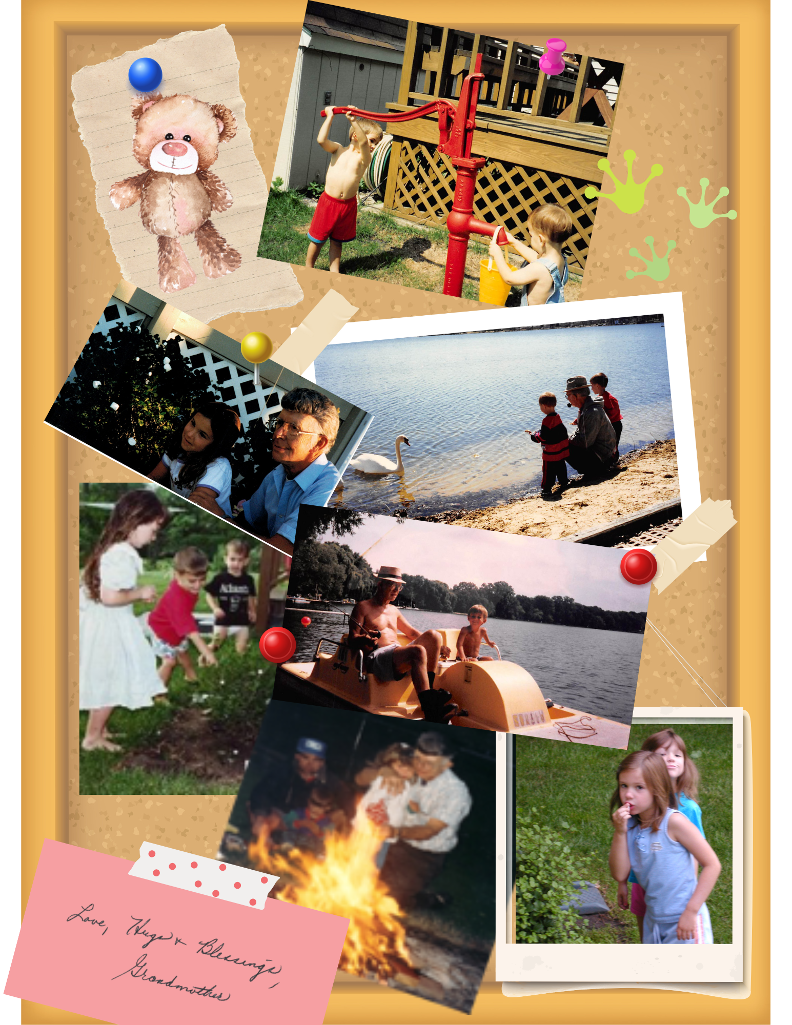 A collage of various family photos displayed on a corkboard. Images include children using a water pump, a family at a lake, children exploring bushes, a child and an adult on a pedal boat, and a campfire gathering. A teddy bear drawing and a note with "Love, hugs, blessings, Grandmother" are also featured.
