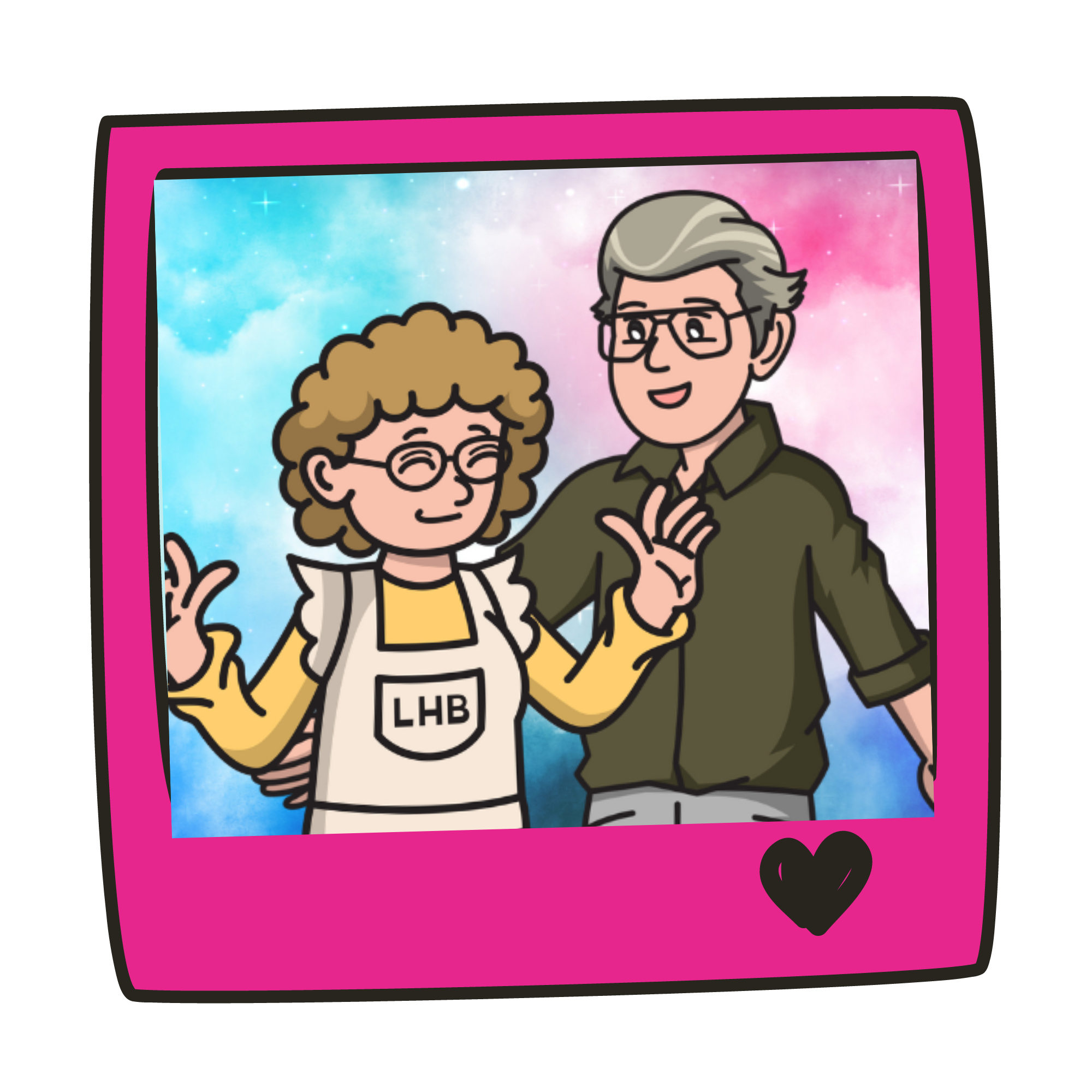 Illustration of an elderly couple with a pastel rainbow background. The woman, wearing a yellow shirt and white apron with "LHB" on it, and glasses, stands beside a man in a dark shirt and glasses. Both are smiling. The image is framed in a pink border with a heart symbol at the bottom.