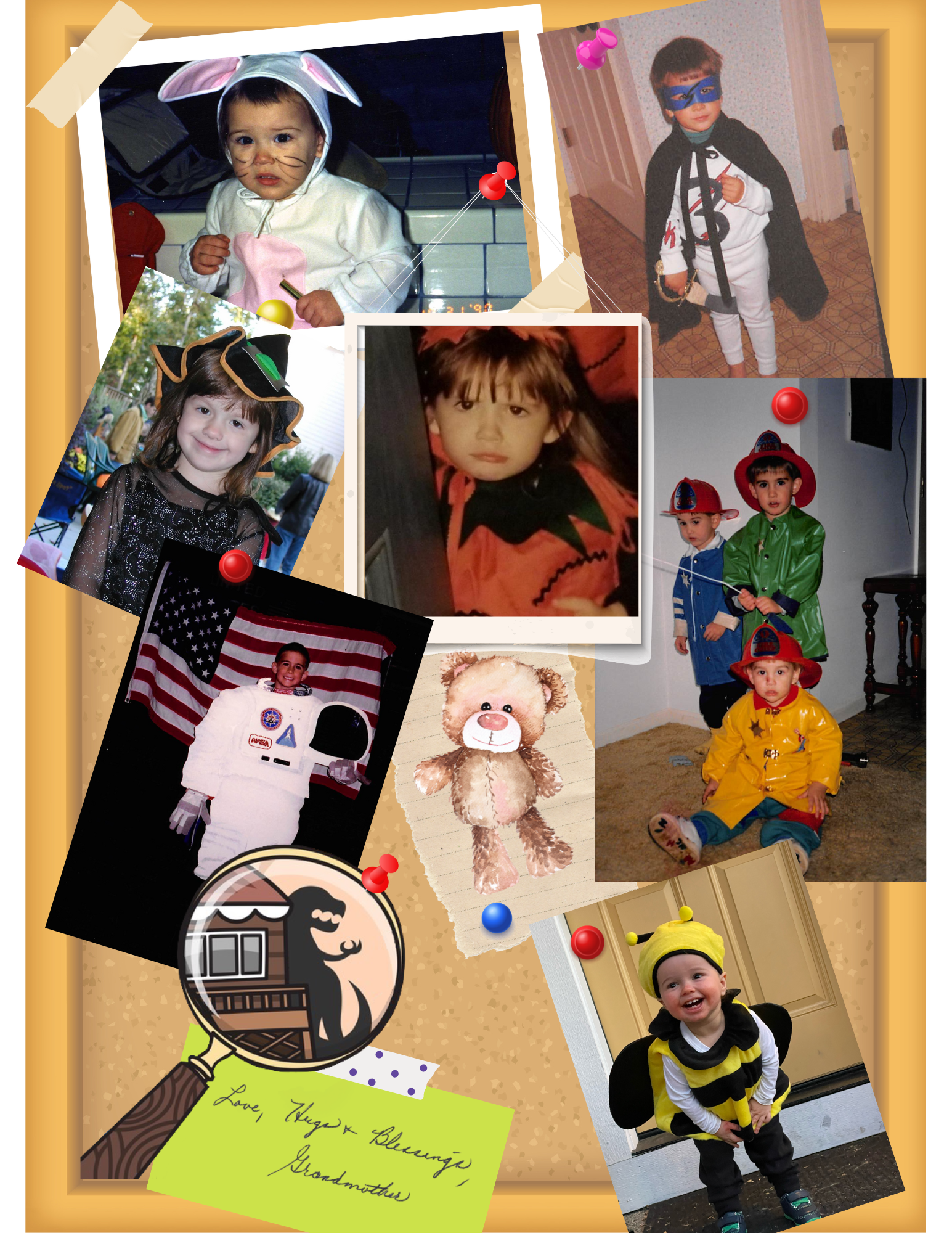 Collage of children in various Halloween costumes, including a bunny, superhero, witch, pumpkin, astronaut, teddy bear toy, firefighter, and bee. Includes a note signed "Love, Hugo & <Name>, Grandmother’s."