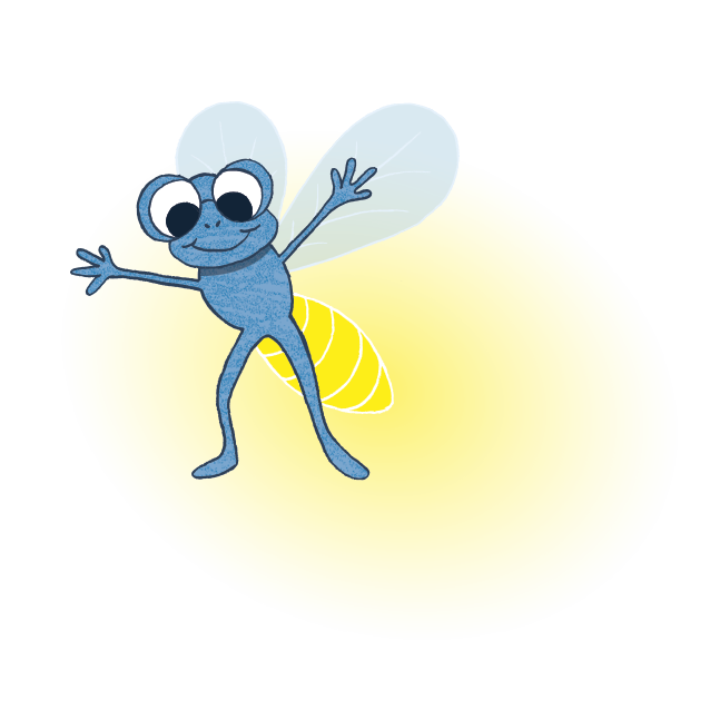 Quin a cartoon firefly with large eyes and wings on yellow background