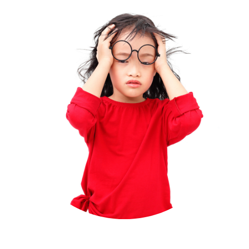 Child in red shirt holding head with hands while wearing round glasses
