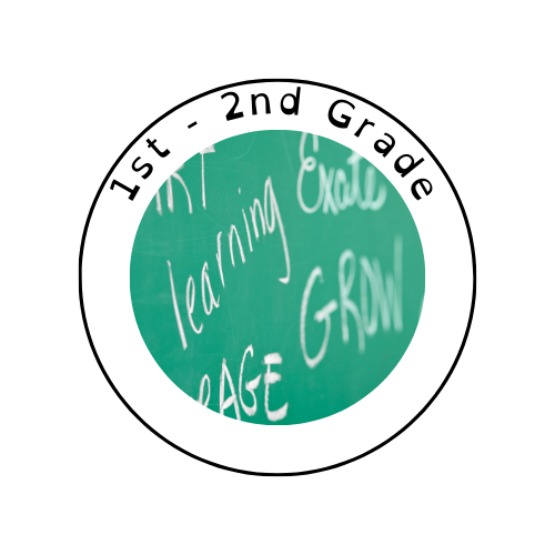 Words written on a green chalkboard, including 'learning' and 'GROW,' in cursive handwriting.