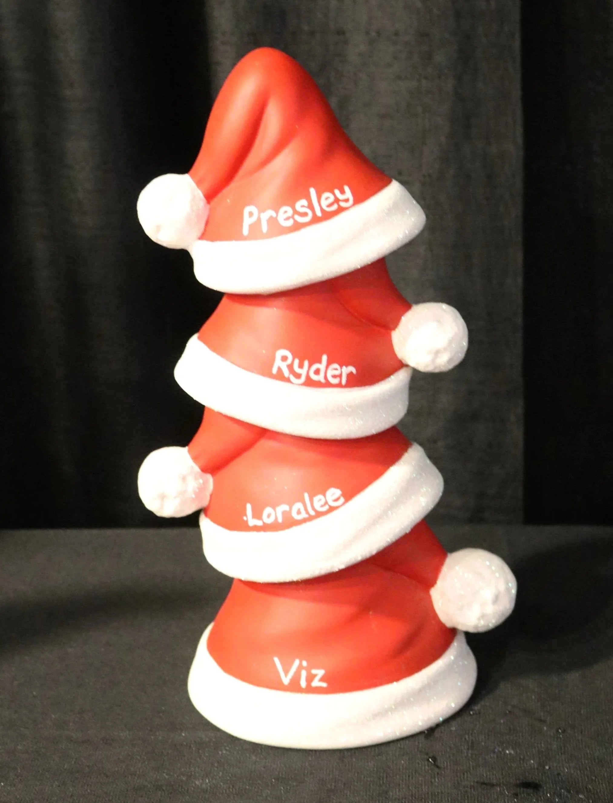 Decorative cone-shaped Christmas tree with white glitter accents, featuring gold and white name tags with names Presley, Ryder, Lorelee, and Viz, set against a black background.