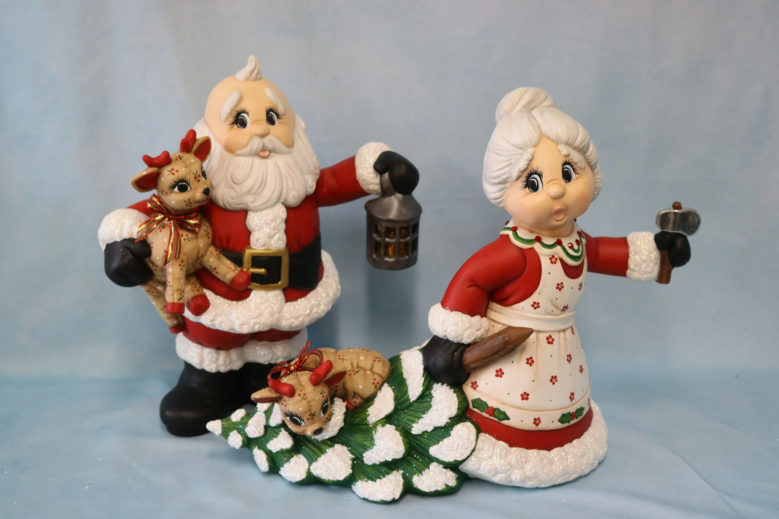 Hand-Painted Ceramic Santa Claus & Mrs. Claus with Baby Softy Deer