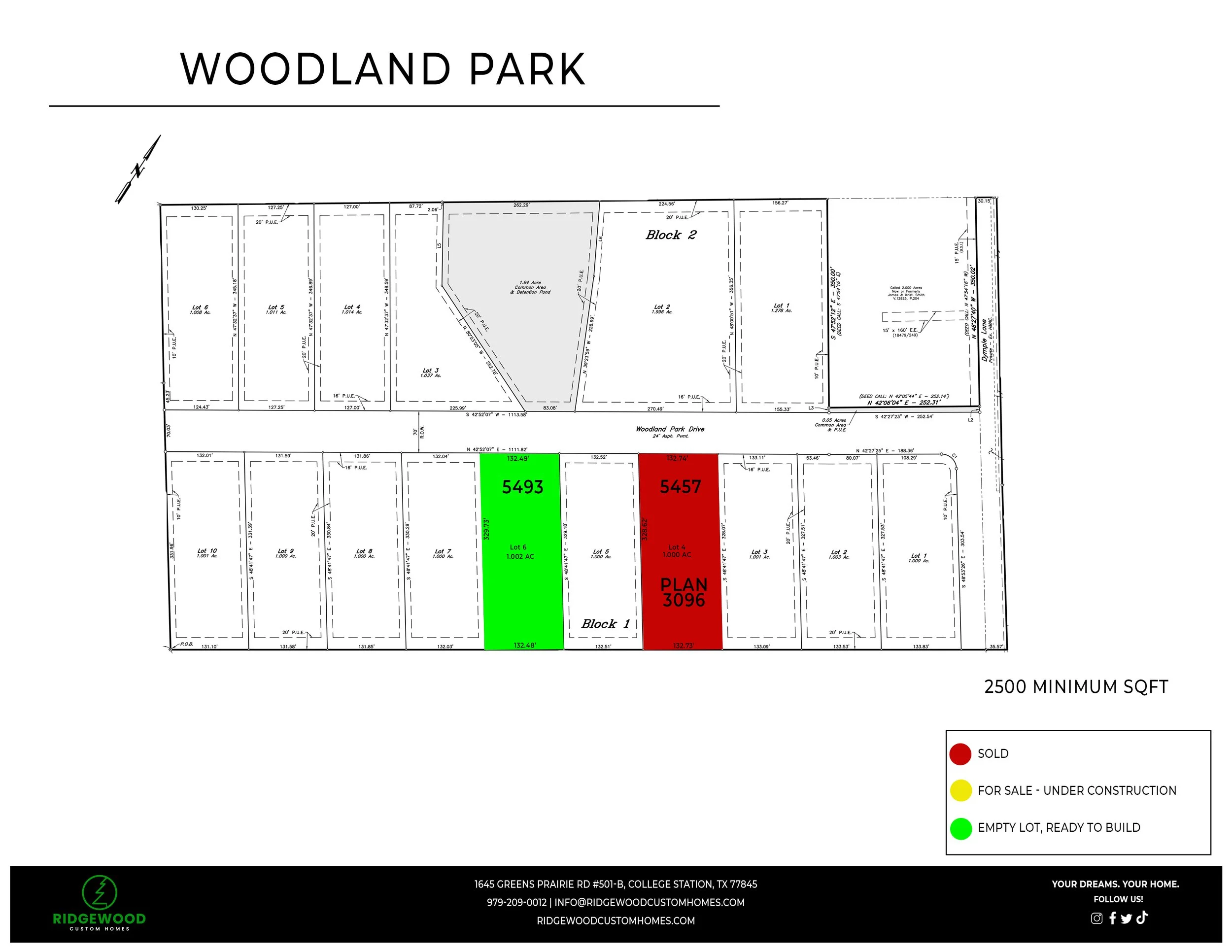 Plat of Woodland Park in College Station showing available Ridgewood lots and homes