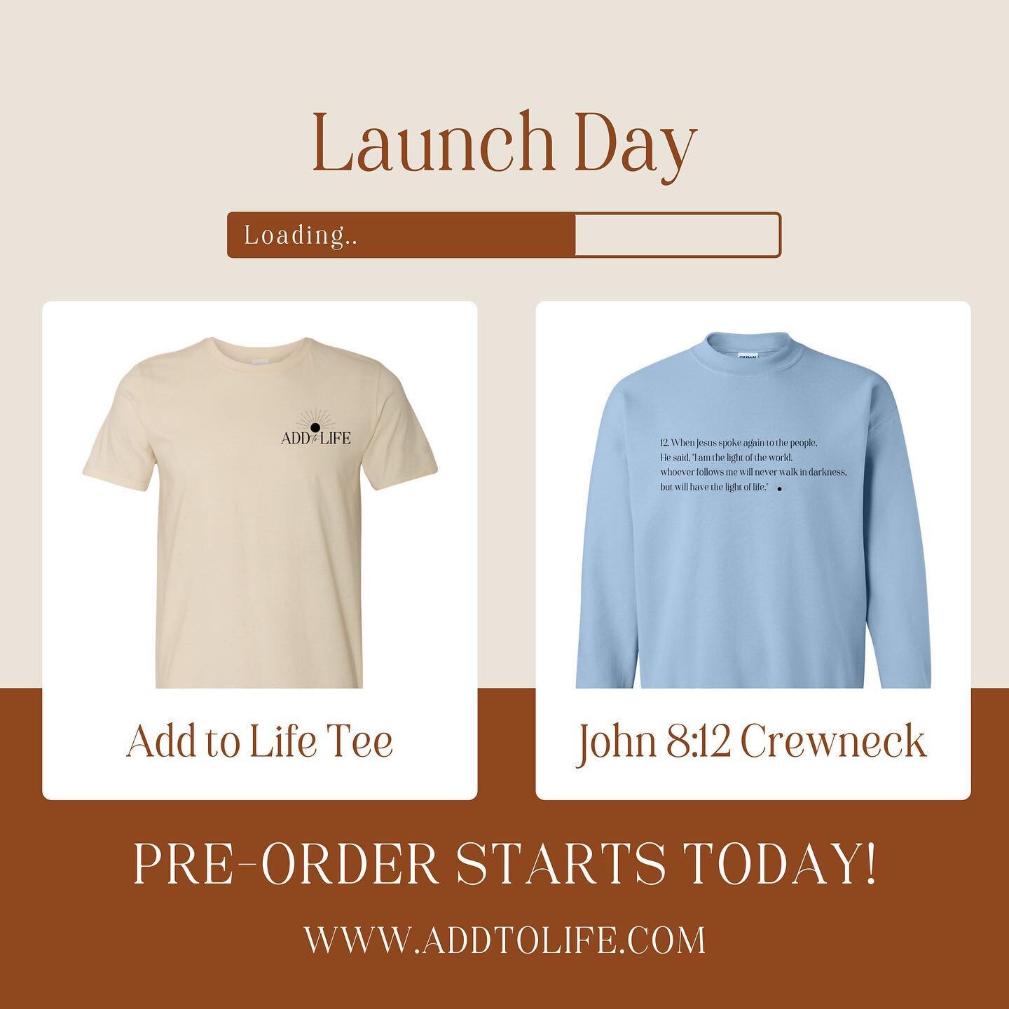 NEW NEW NEW 🎉🎉🎉

NOW ACCEPTING pre-orders for the Add to Life Tee and the John 8:12 Crewneck! Limited time offer, so don&rsquo;t miss your chance! 

Pre-order starting TODAY! 
▫️Add to Life Tee for $15
▫️John 8:12 Crewneck for $24

Sizes available