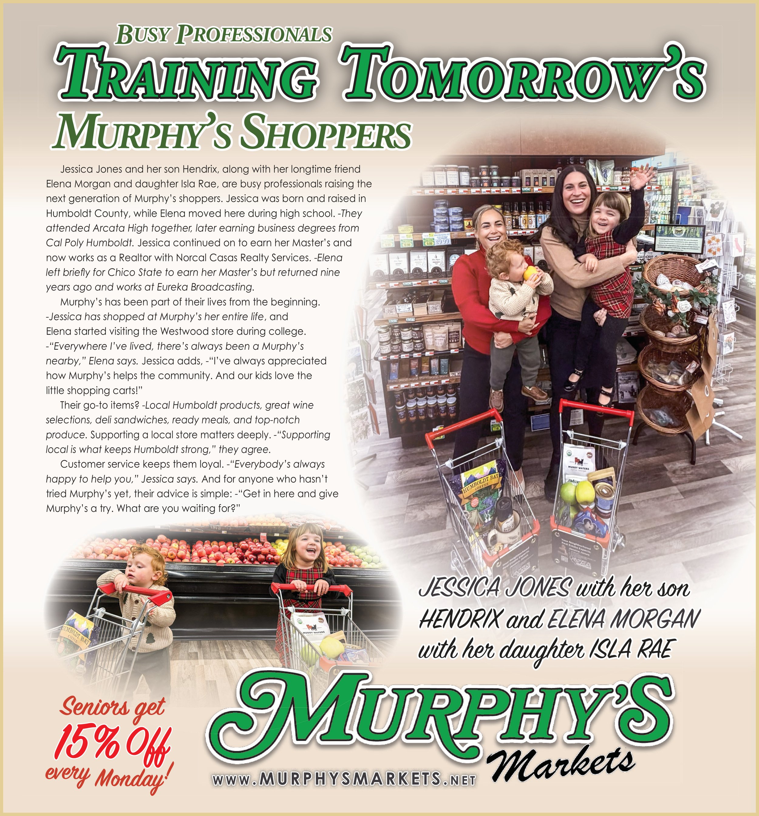 Jessica Jones with her son Hendrix and daughter Isla Rae shopping at Murphy's Markets, with two shopping carts filled with groceries, inside a grocery store.