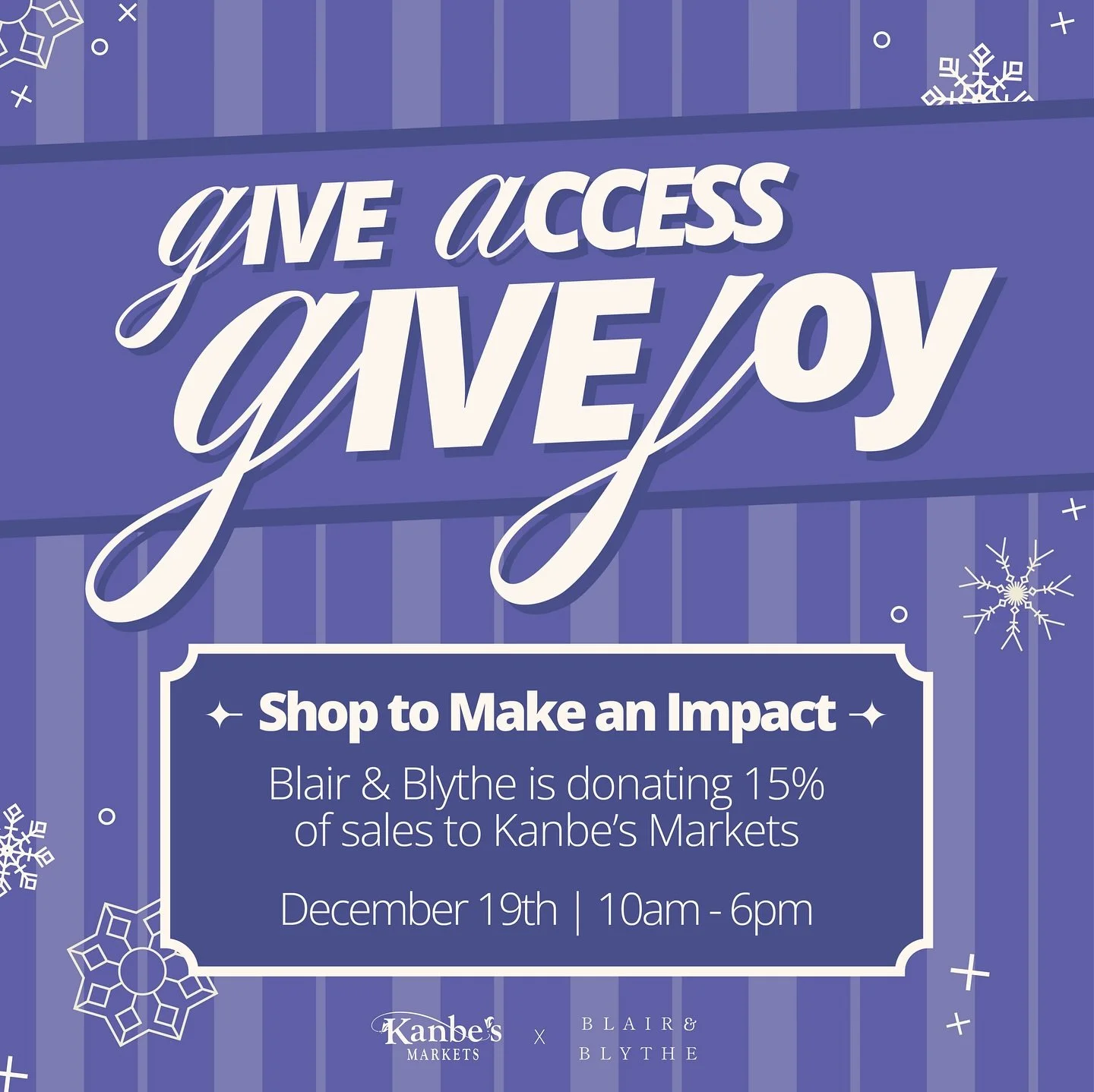 ✨TODAY!✨
Friday, Dec 19, our friends at @shop_blairandblythe in Westwood are donating 15% of all sales to Kanbe&rsquo;s Markets &mdash; all day, 10am&ndash;6pm. Come by and say hi! We will be there 11am - 4pm! 

Shop local and help us keep building o