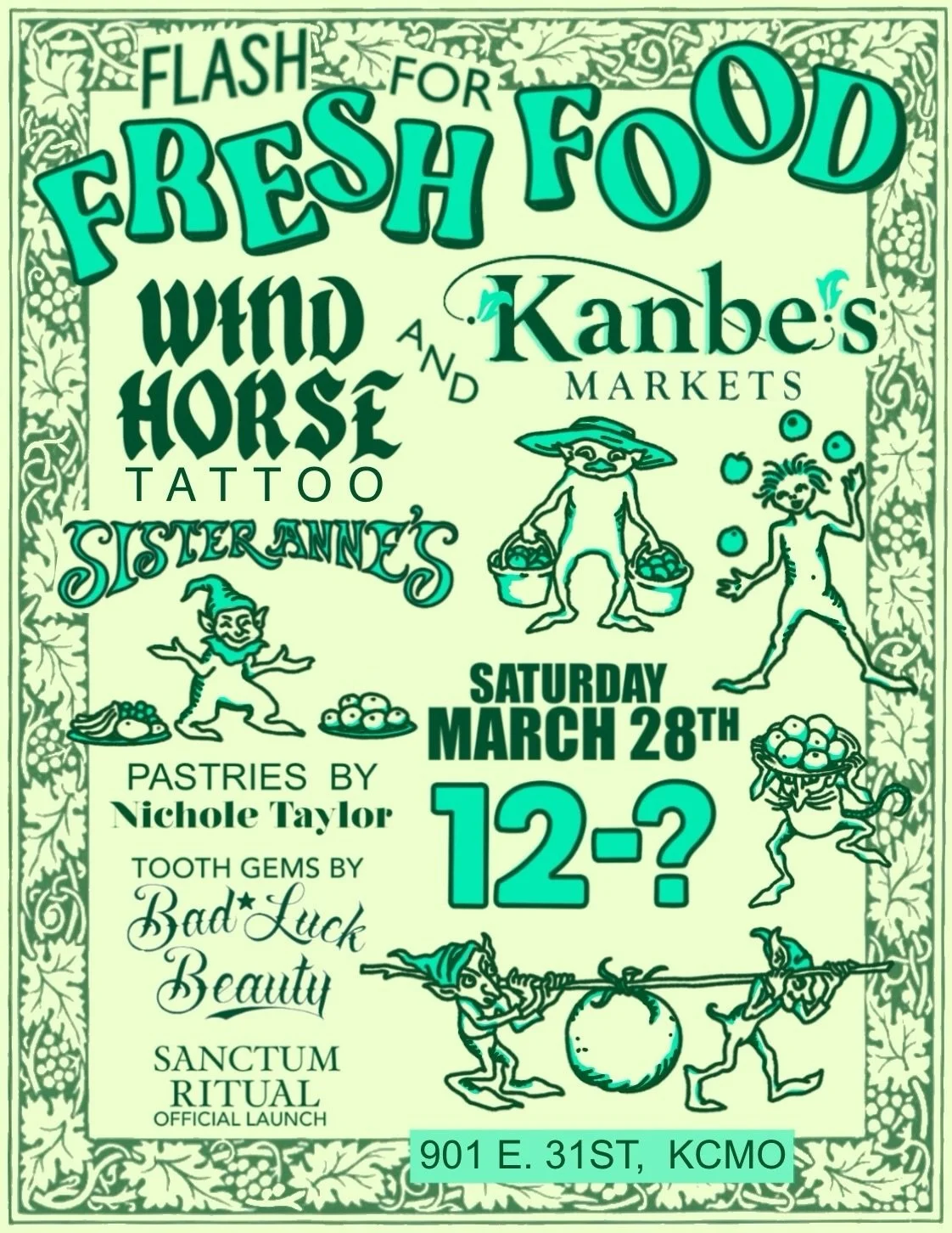 Flash for Fresh Food is coming up March 28, 12&ndash;7PM at @windhorsetattoo 🍎🍊🥦

FRESH ✨Fruit &amp; veggie&ndash;themed flash tattoos (flash sheets coming soon 👀)

Every tattoo helps support Kanbe&rsquo;s Markets and bring more fresh food to KC 