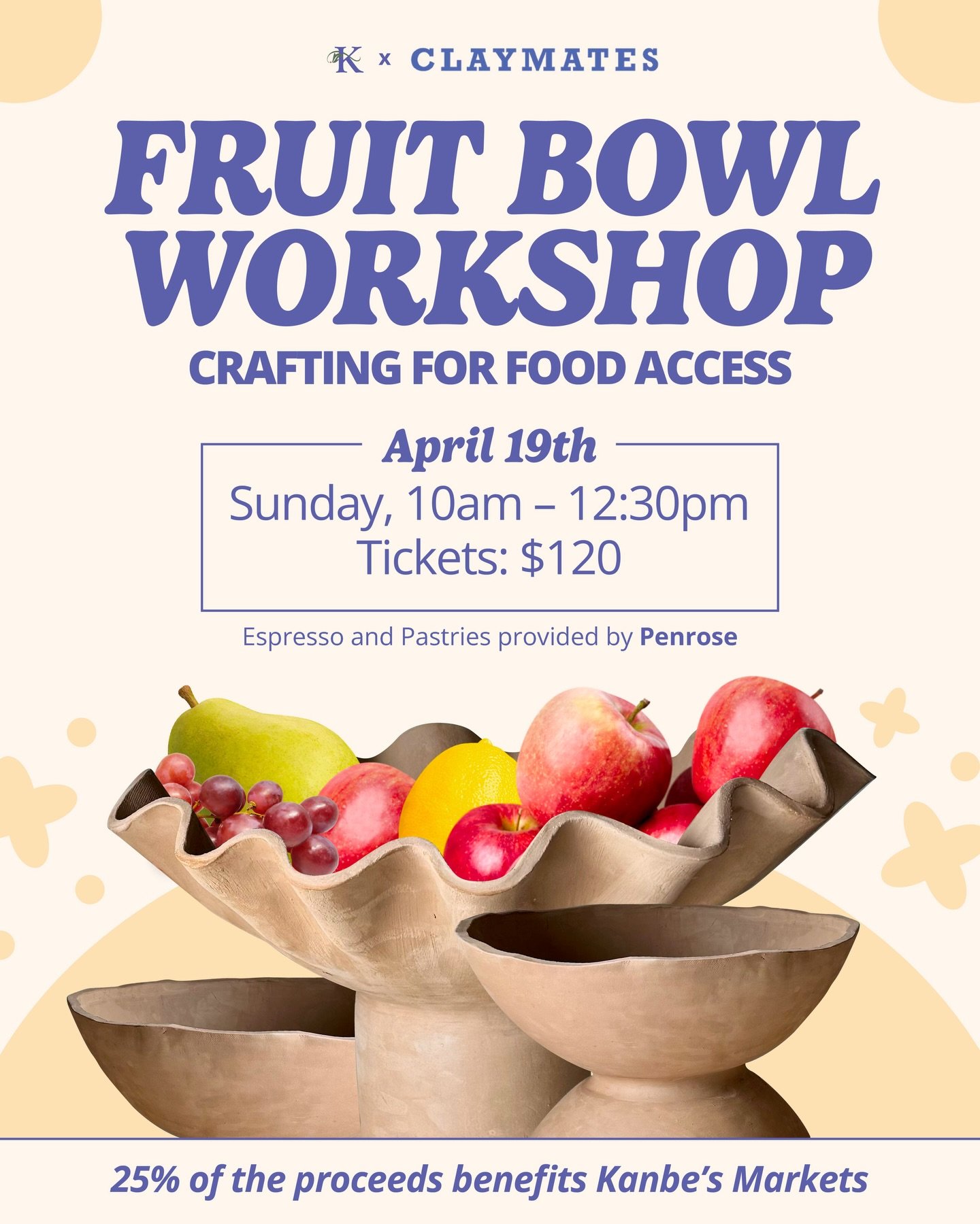 Fruit Bowl Workshop is Here! 🍊🍎

Join us for a 2.5-hour hands-on workshop where you&rsquo;ll create your very own ceramic fruit bowl. Choose a pedestal style or something low profile&mdash;whimsy or simple, it&rsquo;s totally up to you. No clay exp