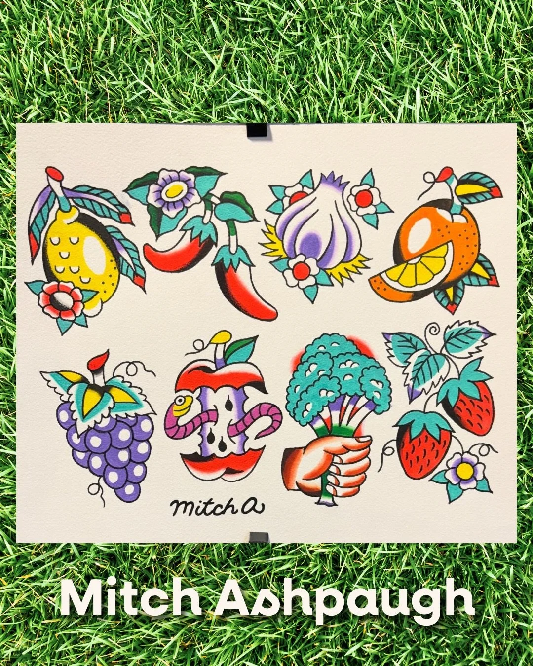 One week out&hellip; 👀
Flash for Fresh Food is coming up March 28 | 12&ndash;7PM at @windhorsetattoo 🍎🍊🥦 Walk-ins only.

Swipe to see the flash sheets from the artists ✨
Along with fruit &amp; veggie&ndash;themed tattoos, we&rsquo;ll have a few f