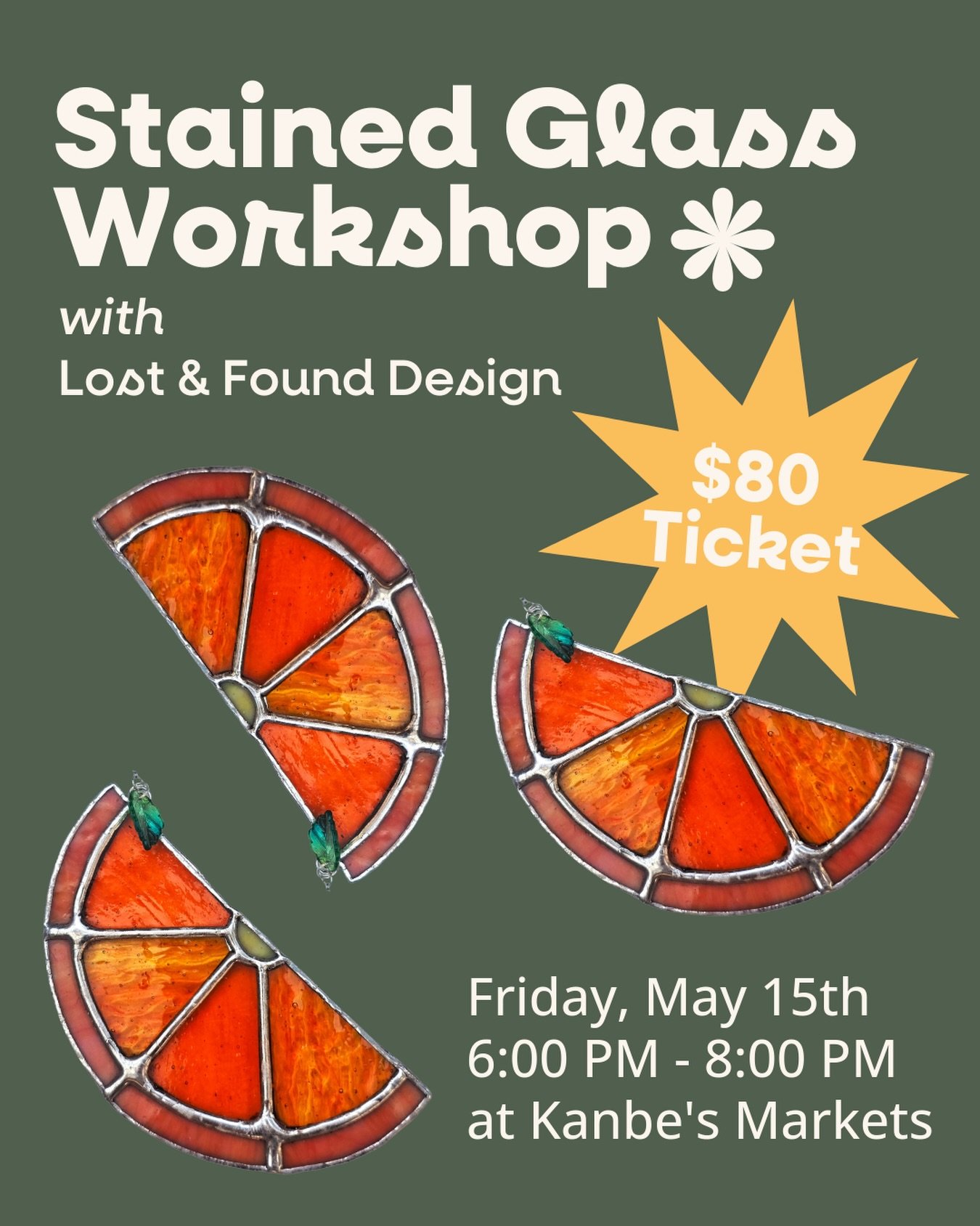 We&rsquo;re back with our stained glass workshop with local artist Tara of @lostandfounddesign &mdash;this time making 🍊 oranges!

Same small group, same hands-on process, just a new fruit to take home. no experience needed.
Come make something cool