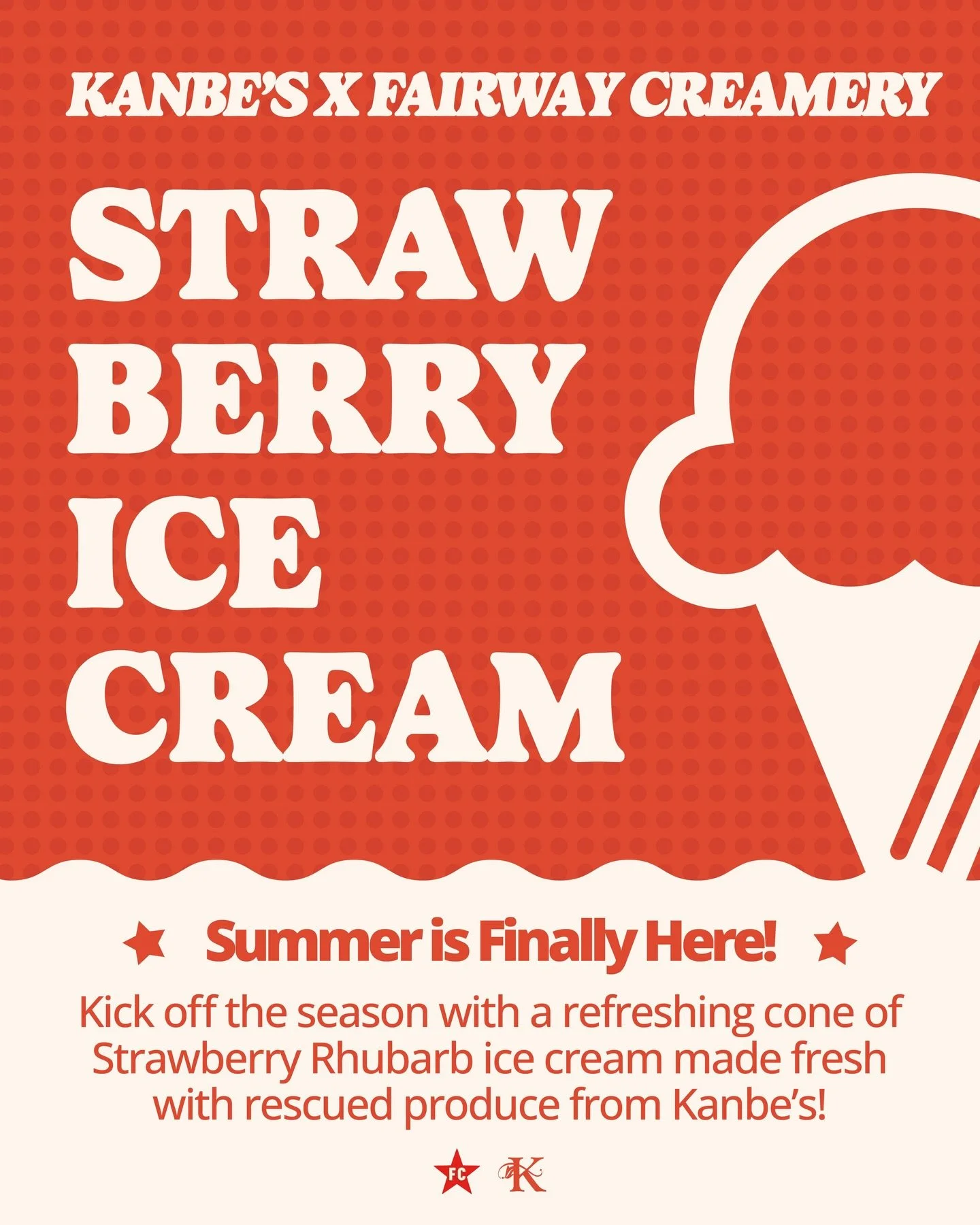 ☀️ Summer is here, and so our strawberry rhubarb ice cream!☀️ Starting tomorrow, Fairway Creamery is scooping Strawberry Rhubarb Ice Cream, with $1 from every scoop supporting Kanbe&rsquo;s Markets.

Grab a scoop &amp; beat the heat with a sweet lil 