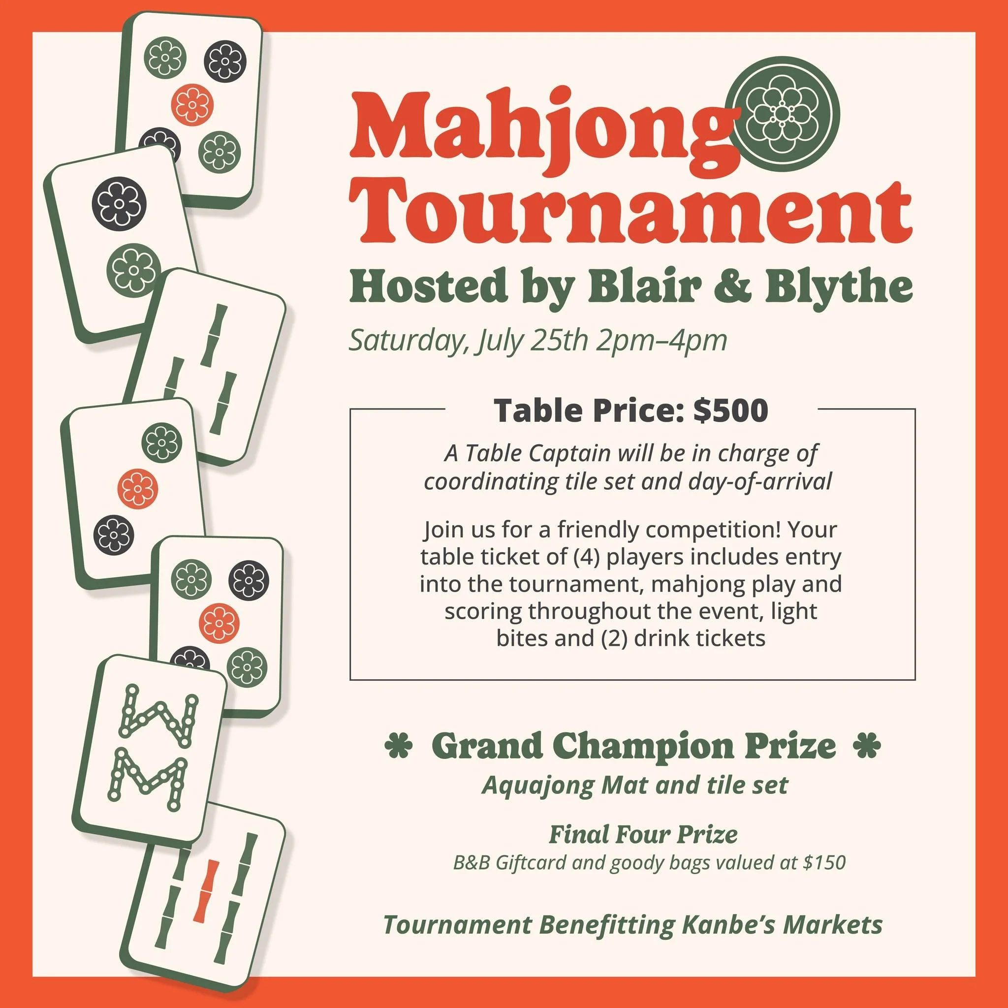 Join @shop_blairandblythe and Kanbe's Markets for The Mahjong Social on Saturday, July 25 at The Carriage Club! Enjoy an afternoon of friendly competition, delicious bites, drinks, exciting prizes, and great company. All while supporting Kanbe's Mark