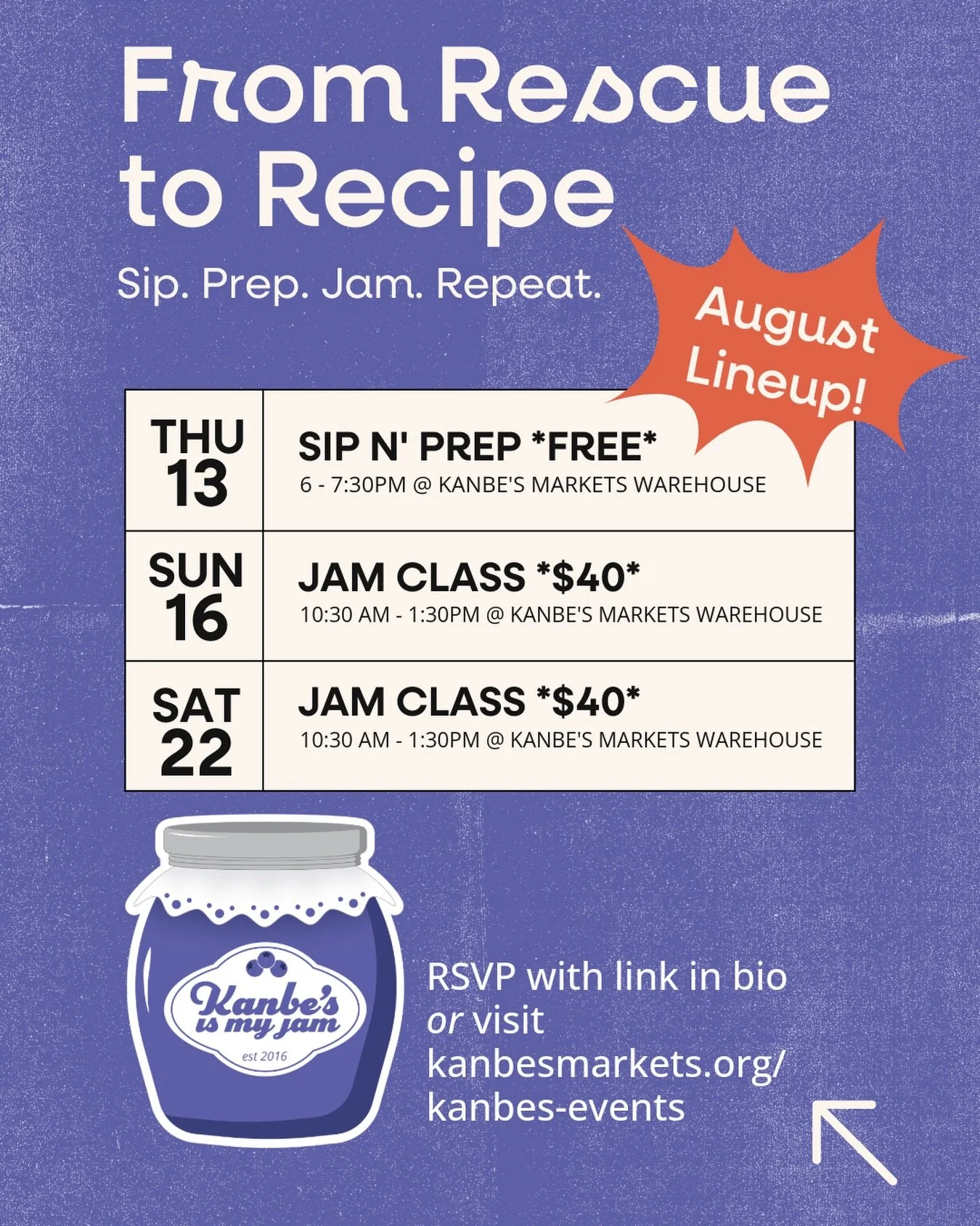 August is bringing the flavor!
Join us for a month of hands-on food experiences at Kanbe&rsquo;s 🫙 from making sweet summer jams to sipping, prepping, and learning new kitchen skills together: 
🍓 Jam Workshops
 🍹 Sip &amp; Prep Classes
 🥕 Fresh i