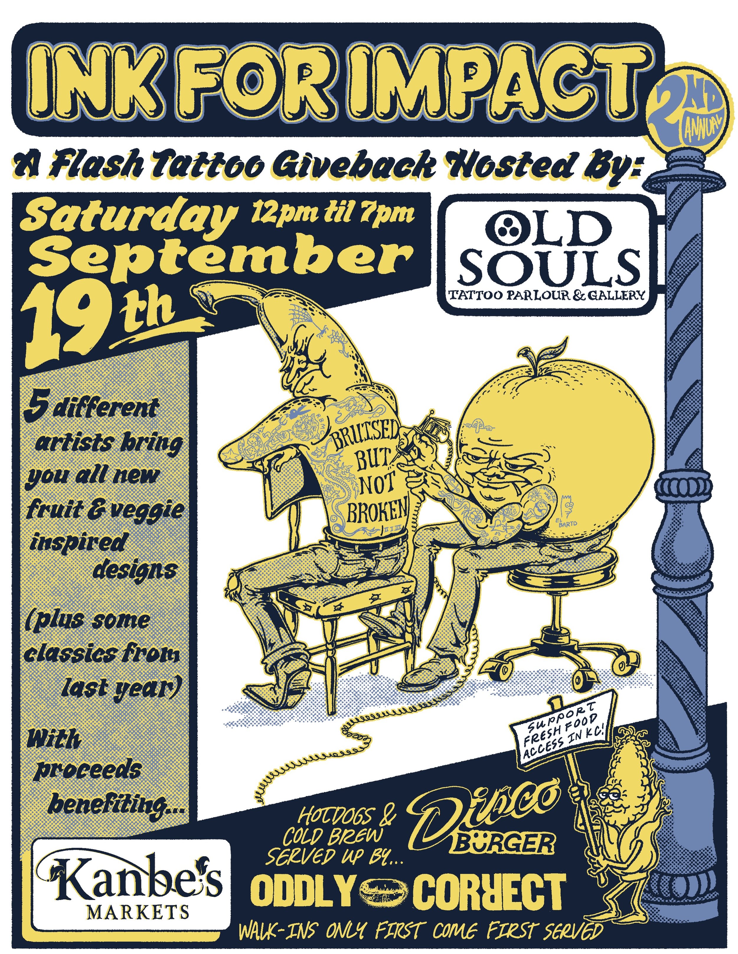 Ink for Impact is back for round two! Same crew, more fruit &amp; veggie themed ink, hot dogs, &amp; orange cold brew (so like pretty much a perfect day😌)

September 19 | 12&ndash;7PM
Old Souls Tattoo | 924 E Fifth St * Come see their beautiful new 