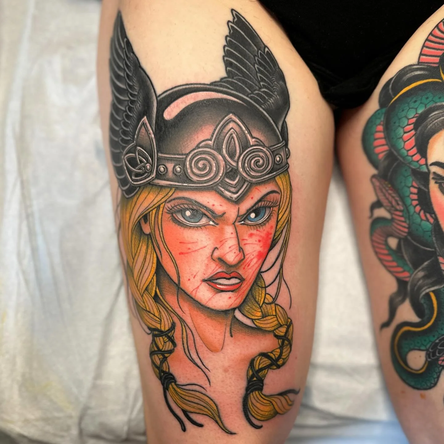 Devon has gotten so many tattoos from me over the years and I am so grateful for her. Our most recent tattoo project was this ferocious Valkyrie to accompany her Medusa on the opposite thigh. When we got done tattooing she looked at both her thighs i