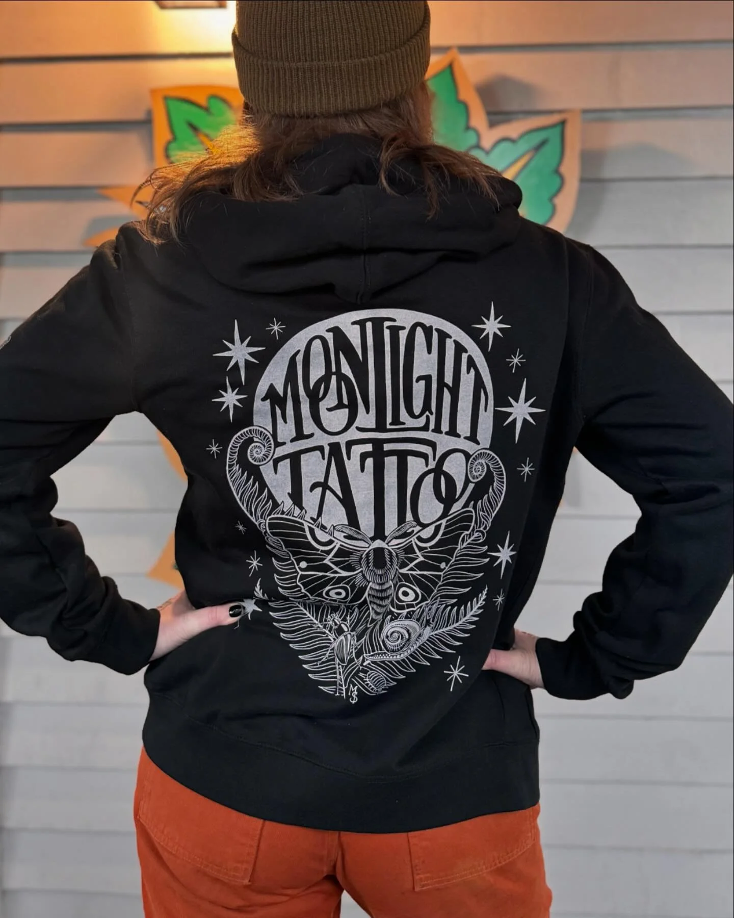 New merch!! Designed by me! Featuring moths, critters, plants, mushrooms, and of course the moon 🌝! And they GLOW IN THE DARK 😍. Available now from moonlighttattooseattle.com or in person at the shop. 

The hoodie itself is super durable and comfy 