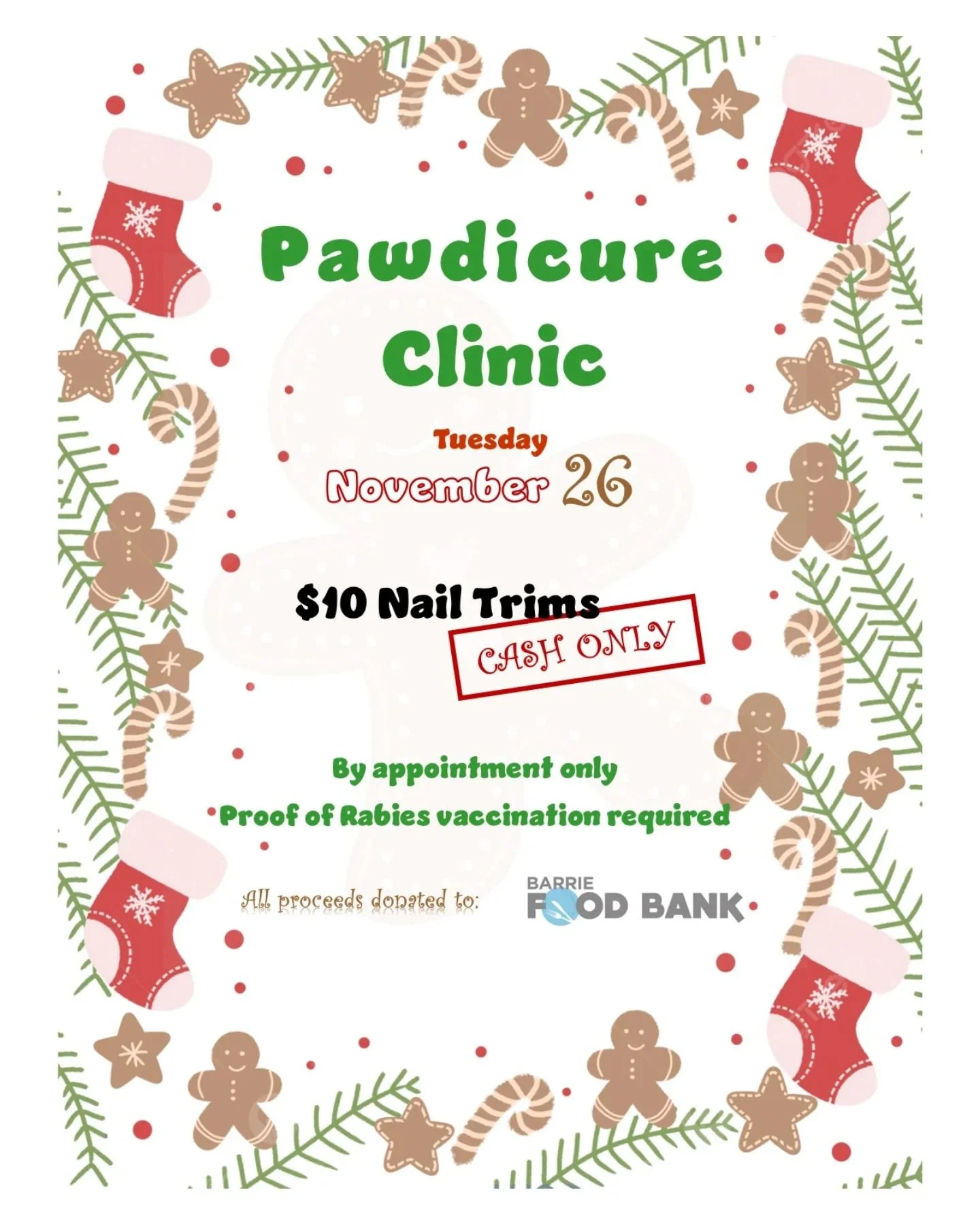 It's that time of year again! We are holding another nail trim clinic to raise funds for @foodbankbarrie this holiday season. 

Tuesday, November 26th all nail trims will be $10 and all funds will be donated to the Barrie Food Bank.  We will also be 