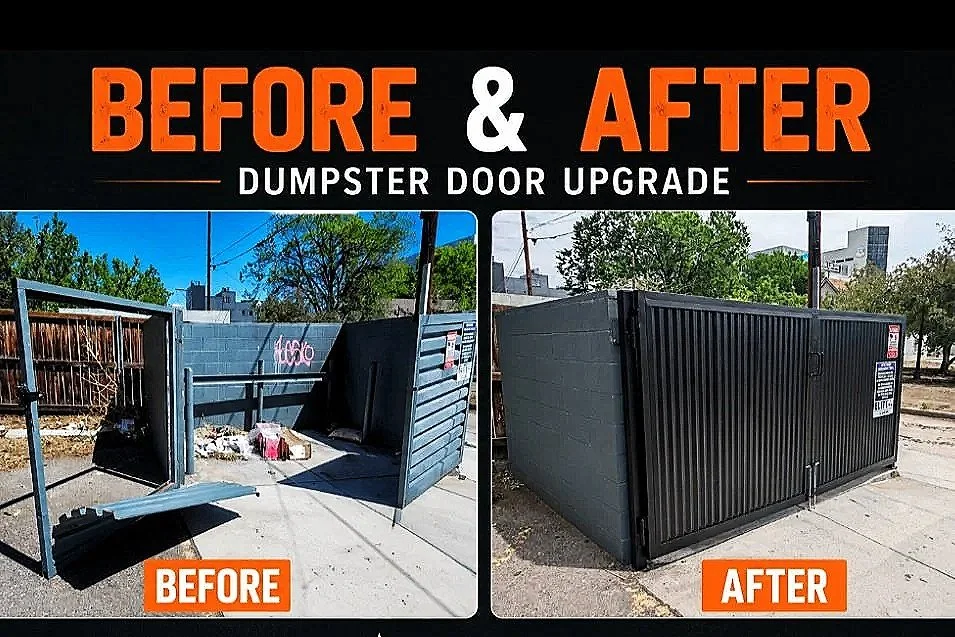  "Before and after" photo of some dumpster enclosure doors. They were heavily damaged and needed new hinges, latches, panels, and handles.
