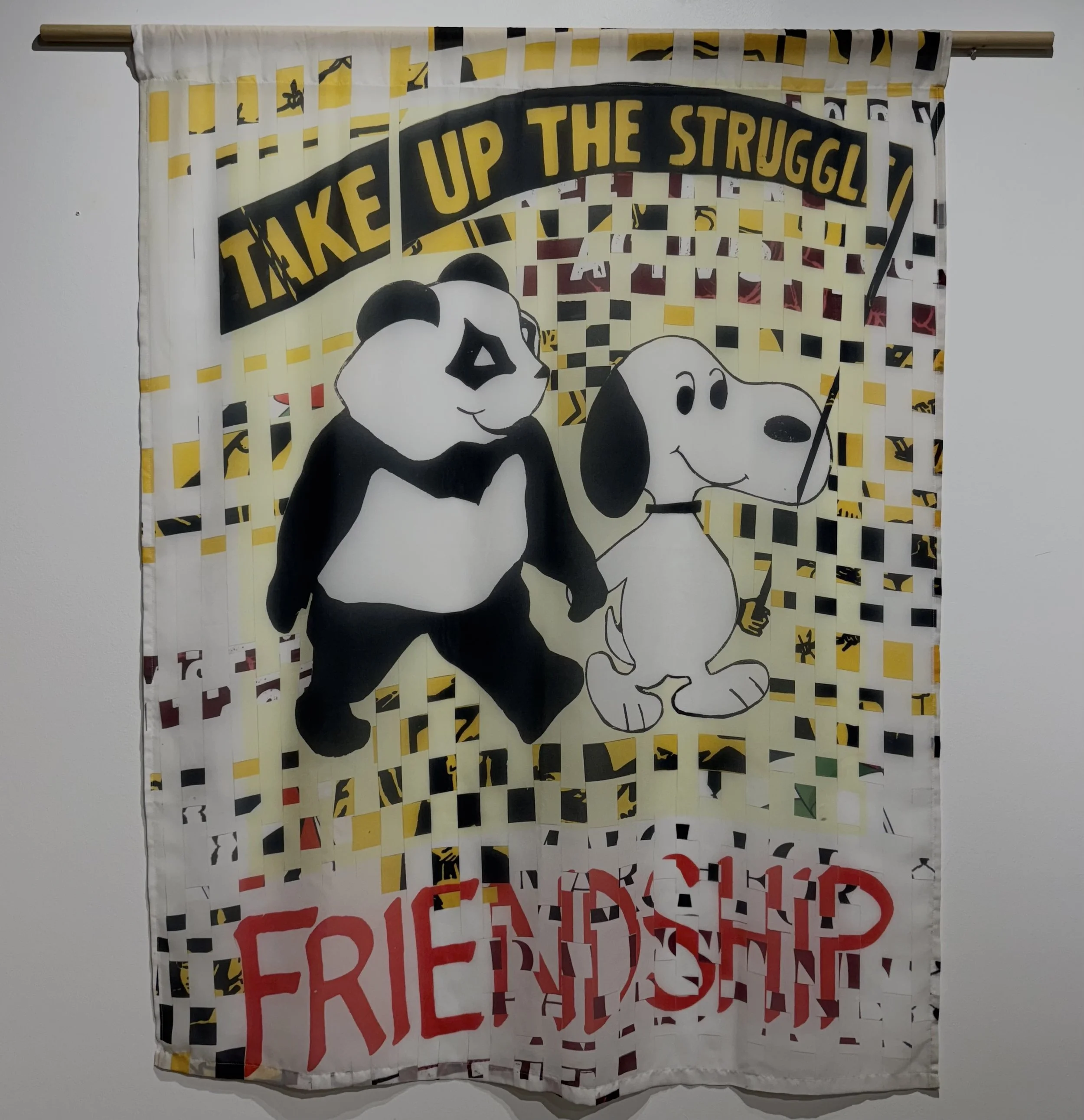 Elena Yu, Poster Weaving Curtain (Take Up the Struggle/Friendship), Printed chiffon fabric, 50x39 in. $200