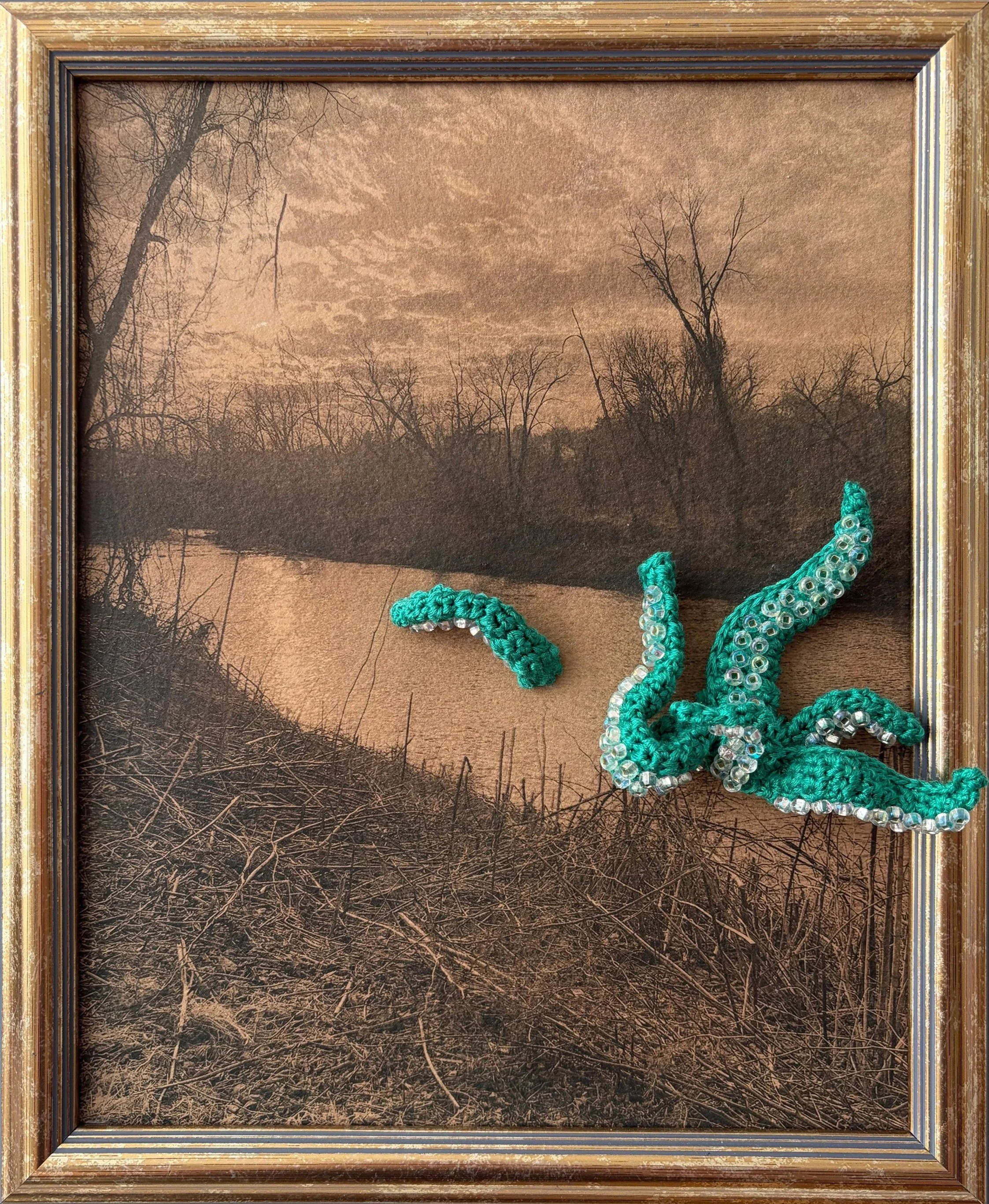 Julie Stavitski,  Rupert of the Rivanna,  toned cyanotype crochet