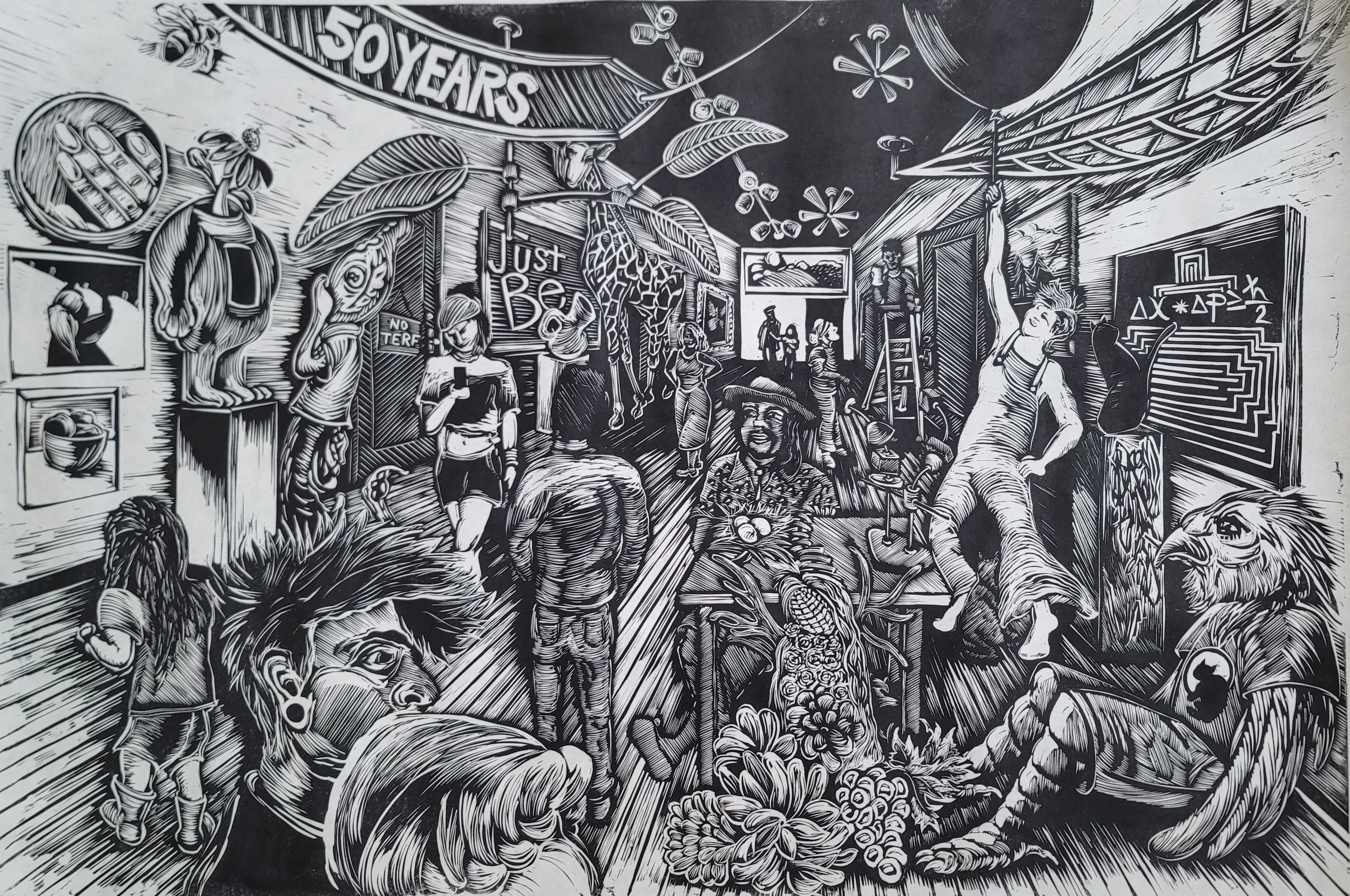 Jenny Mikulski, This Place is a Zoo, Linocut Print, 2x3 ft. $300