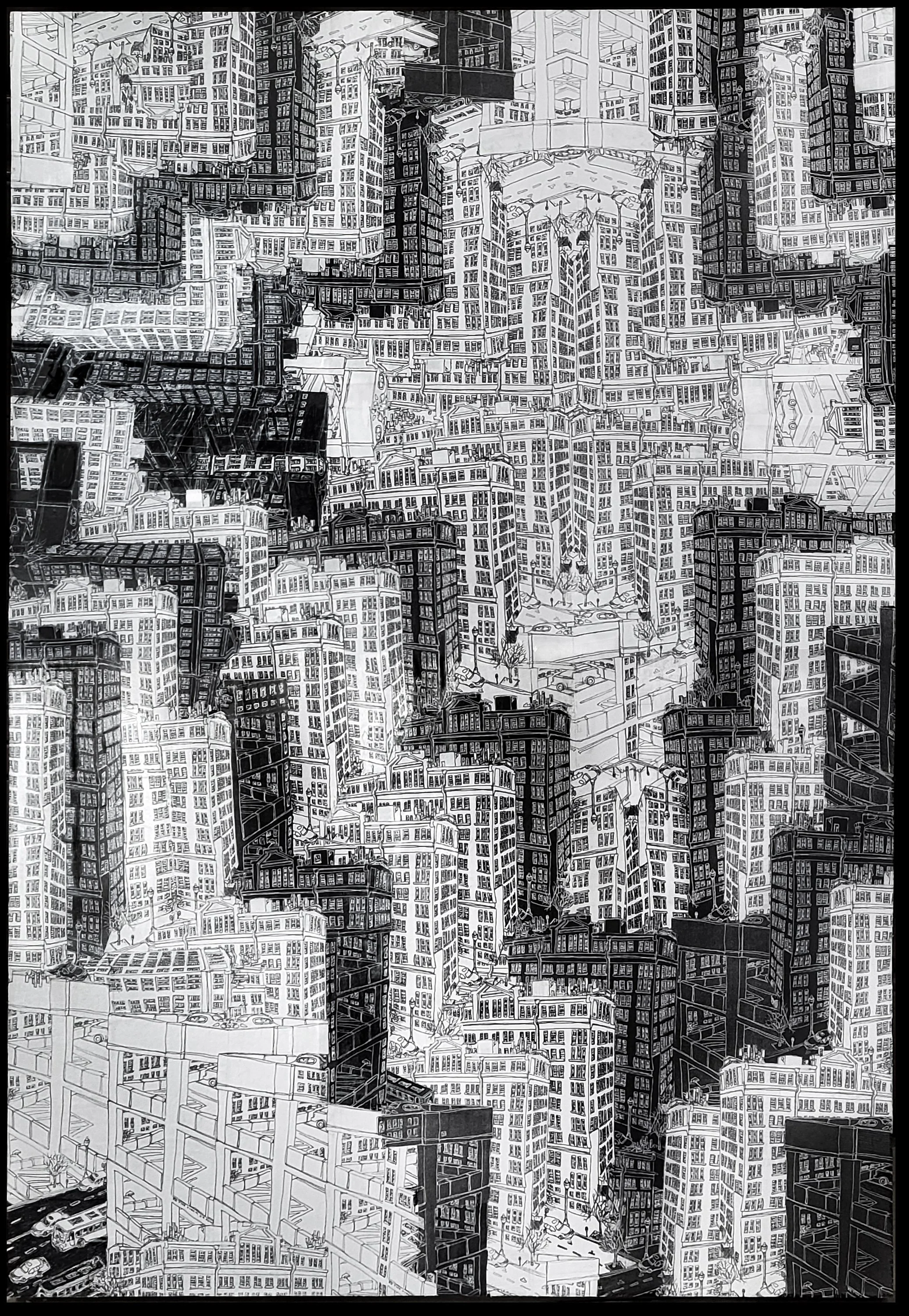 Stephen Haske, Louisville, Collage pen & ink on paper and panel, 36x24 in. $1800