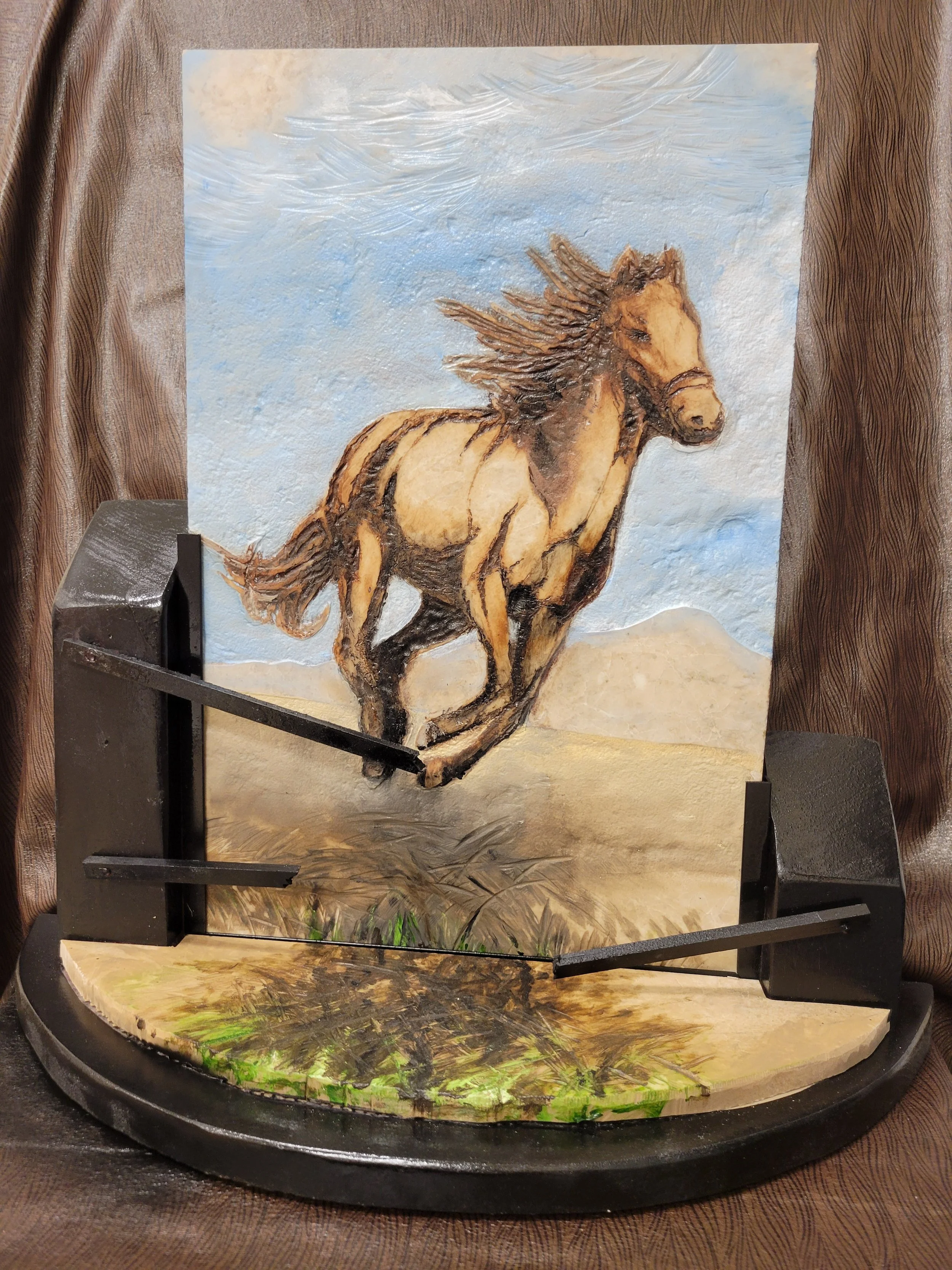 Mark Stephen Chapman, Break Away Romp, Carved and Painted Marble Relief Sculpture, 18x12x1/2 in. w/o stand, 20x18x7 in. with stand,$760