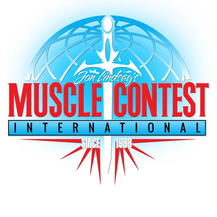 Logo for Jon Lindsay's Muscle Contest International, featuring a muscular figure, a globe background, and the text 'Since 1988'.