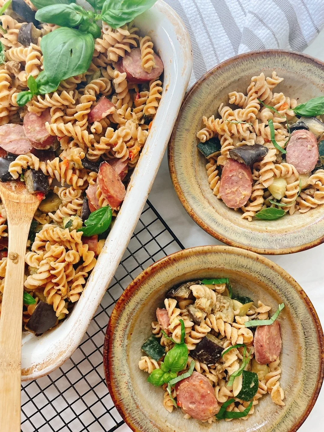 Hummus Sausage &amp; Veggie Pasta Bake