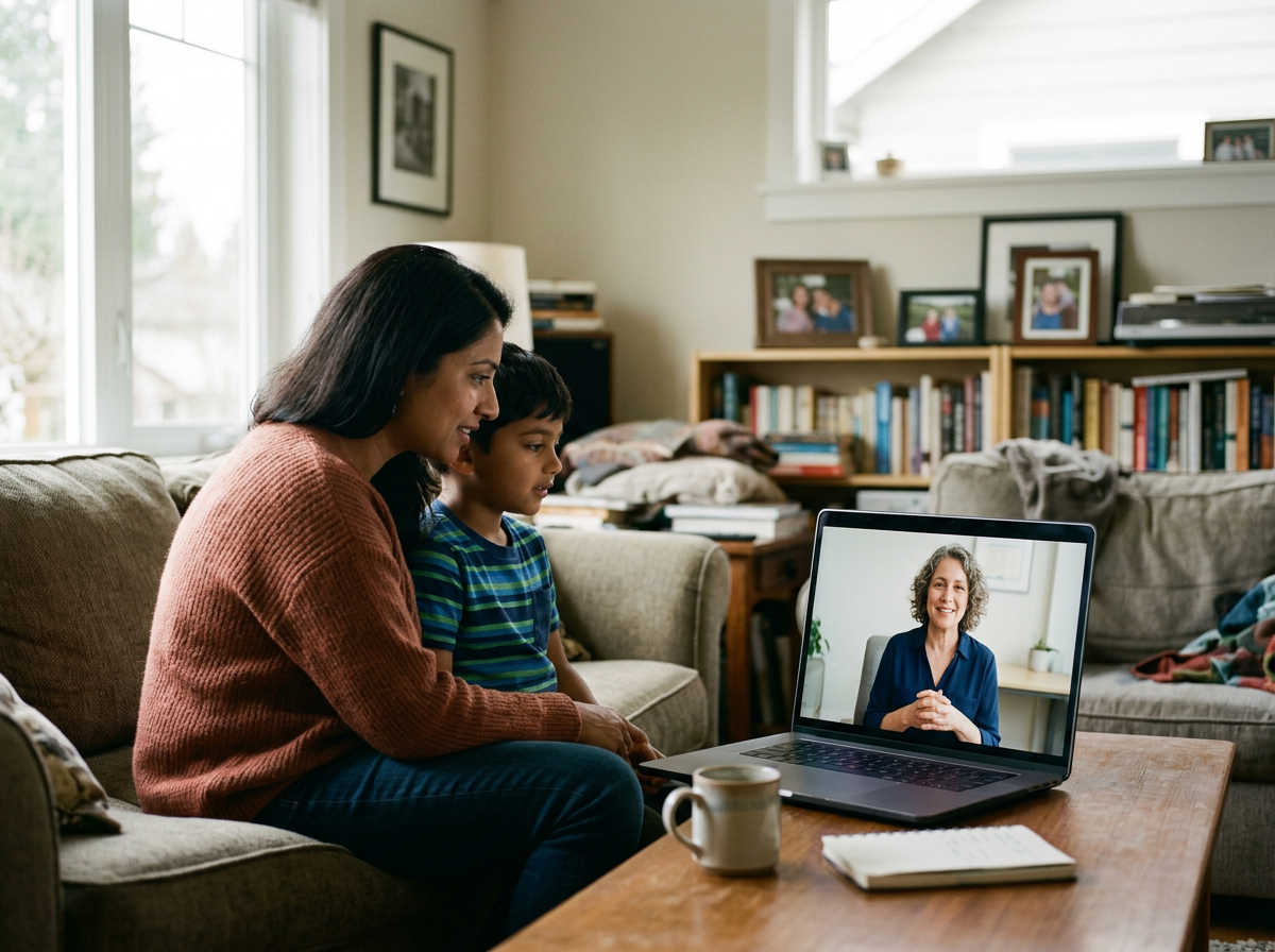 mother and son in family session with female therapist online
