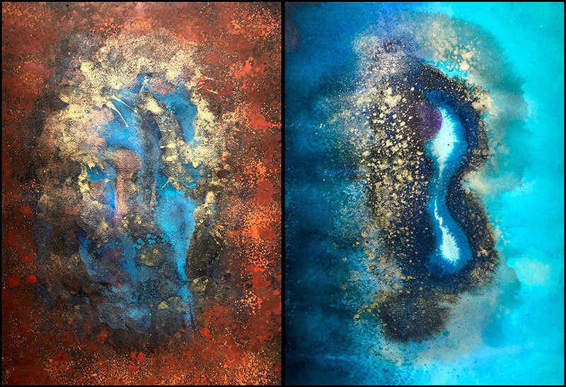 Dyptique. Encres et acryliques sur papier marouflé sur panneau de bois. 2019. 2 feuilles de 36 x 51 cm.