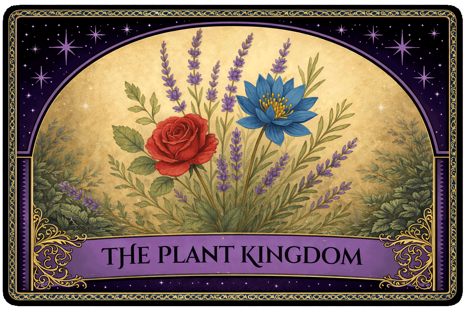 An illustrated cover with a purple banner at the bottom labeled 'The Plant Kingdom' in black text. The illustration features a red rose and a blue water lily surrounded by green leaves and purple lavender flowers, set against a golden background with a starry purple border.