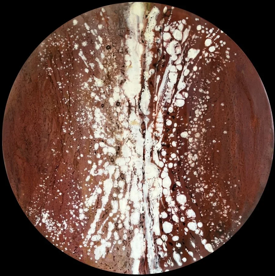"WATER IN THE GORGE" | Encaustic | round 54cm. 2026.  Reflecting my awe in Australia's northern landscapes, with geologies so ancient that its hard to grasp.