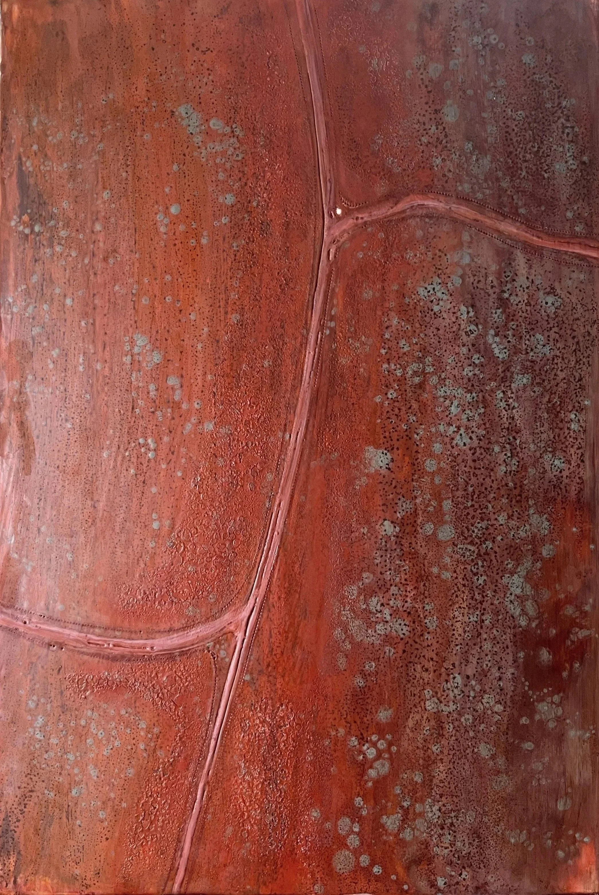 “Turn at the fridge”. Encaustic on timber panel. 50 x 75cm. That white spot... a fridge marking the property turn off point; also as a mail box.  Sister-painting to “ Back Track” (below).