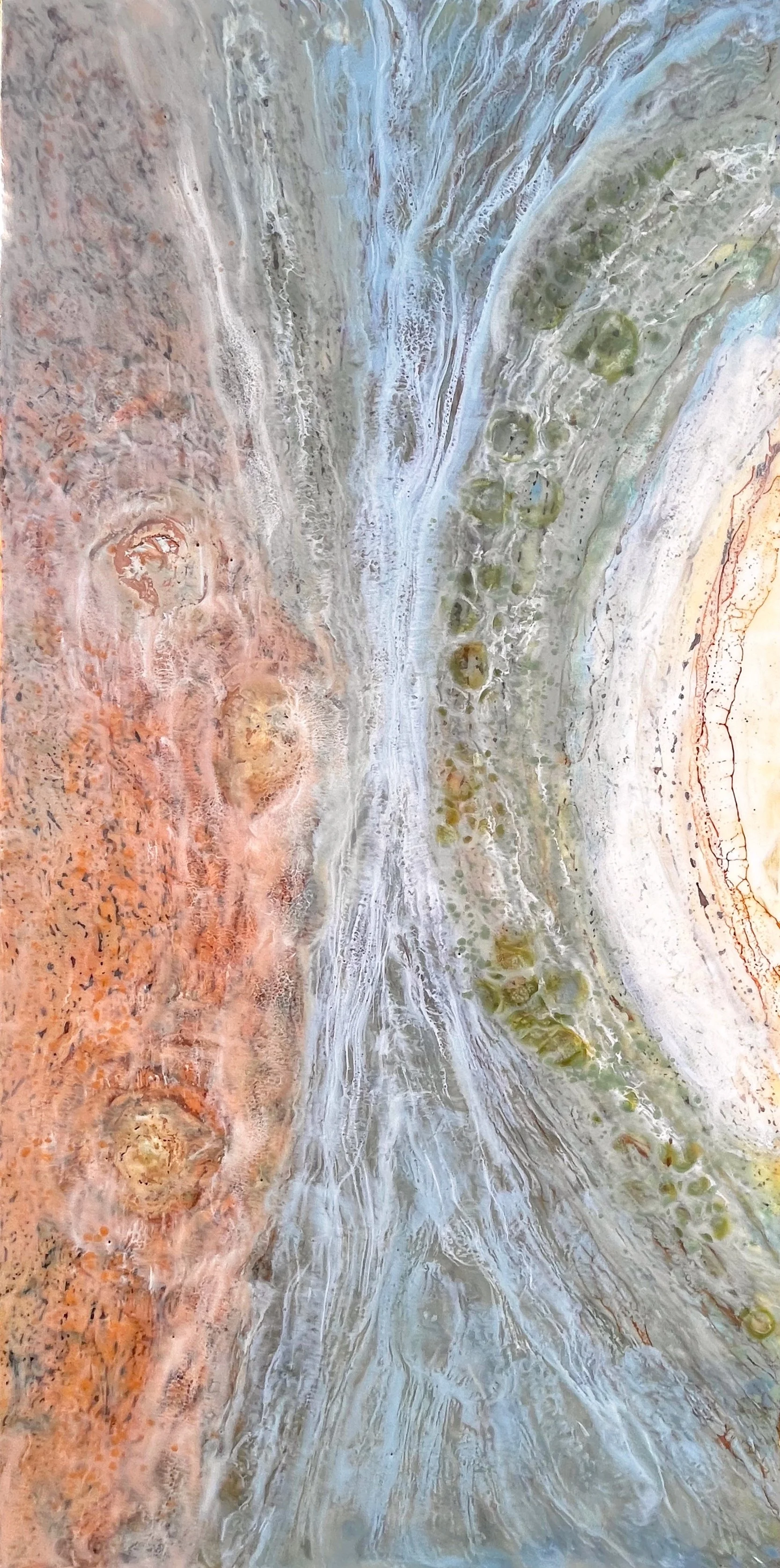 Abstract textured painting with earthy tones, including shades of beige, orange, green, and blue, featuring swirling patterns and circular formations.