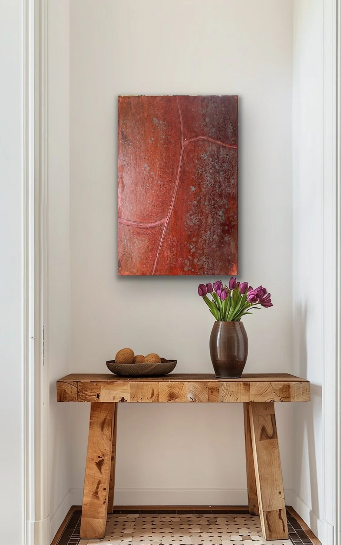 “Turn at the fridge”. Encaustic on timber panel. 50 x 75cm. That white spot... a fridge marking the property turn off point; also as a mail box.  Sister-painting to “ Back Track” (below).