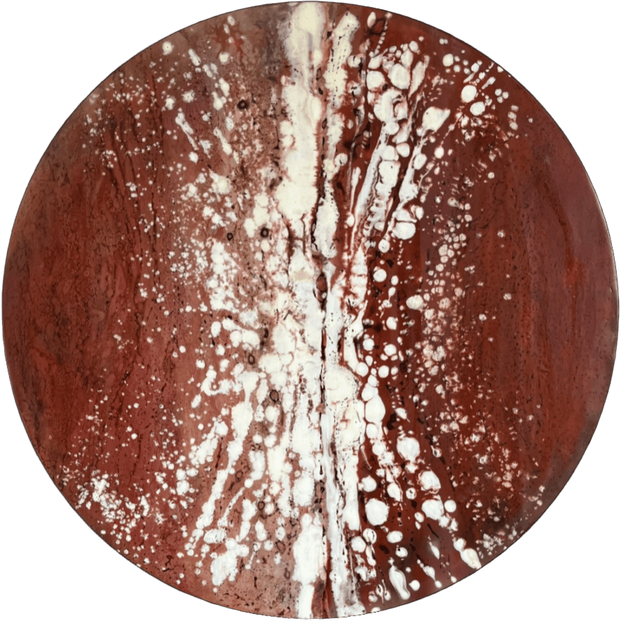 "Water in the Gorge" 54cm round panel. Encaustic. The wet season's impact on the iron-laden gorges of Australia's NW. 