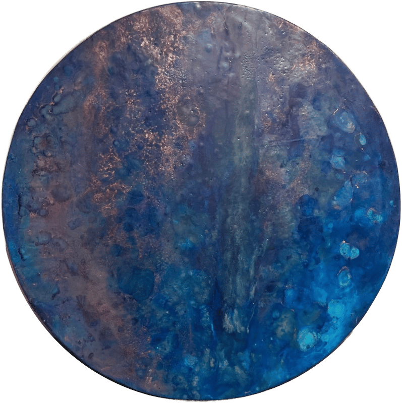 "Into the Blue"  54cm round panel. Encaustic. Our oceans and reefs are critical to climate and the health of wildlife diversity. Our job is not done until we rebalance the health of our planet. 
