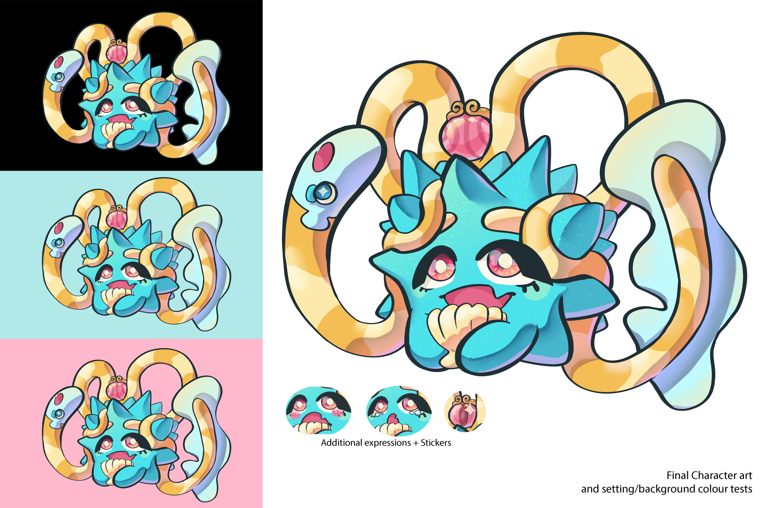 Personal character design/rigging project,
Final render, expression pieces, background colour examples