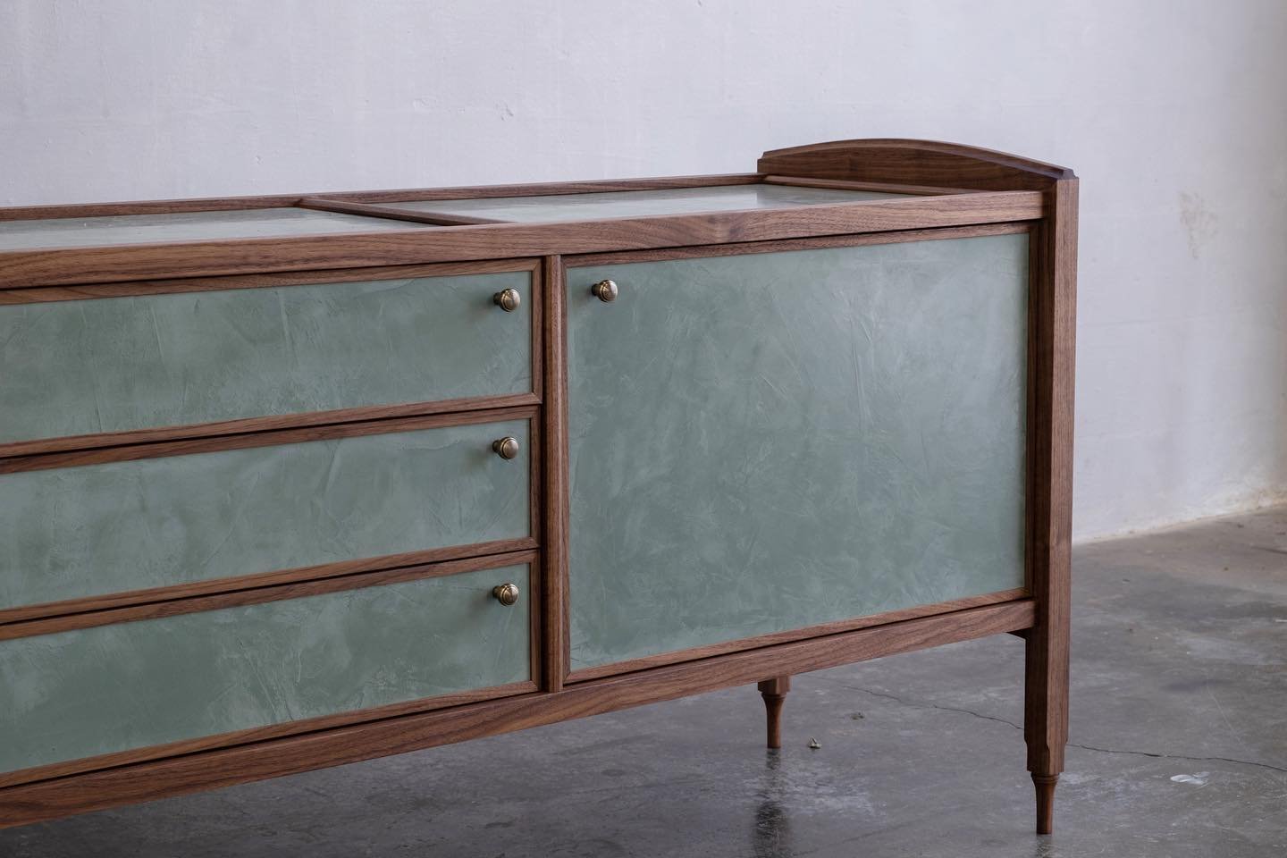 Lassel Credenza - walnut &amp; olive green venetian plaster. Each pieces is completely unique, as all the plaster work is done by hand.