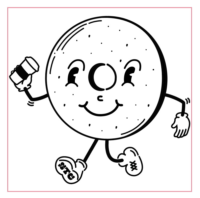 A cartoon illustration of an anthropomorphic orange wearing sneakers, holding a cup, and smiling.