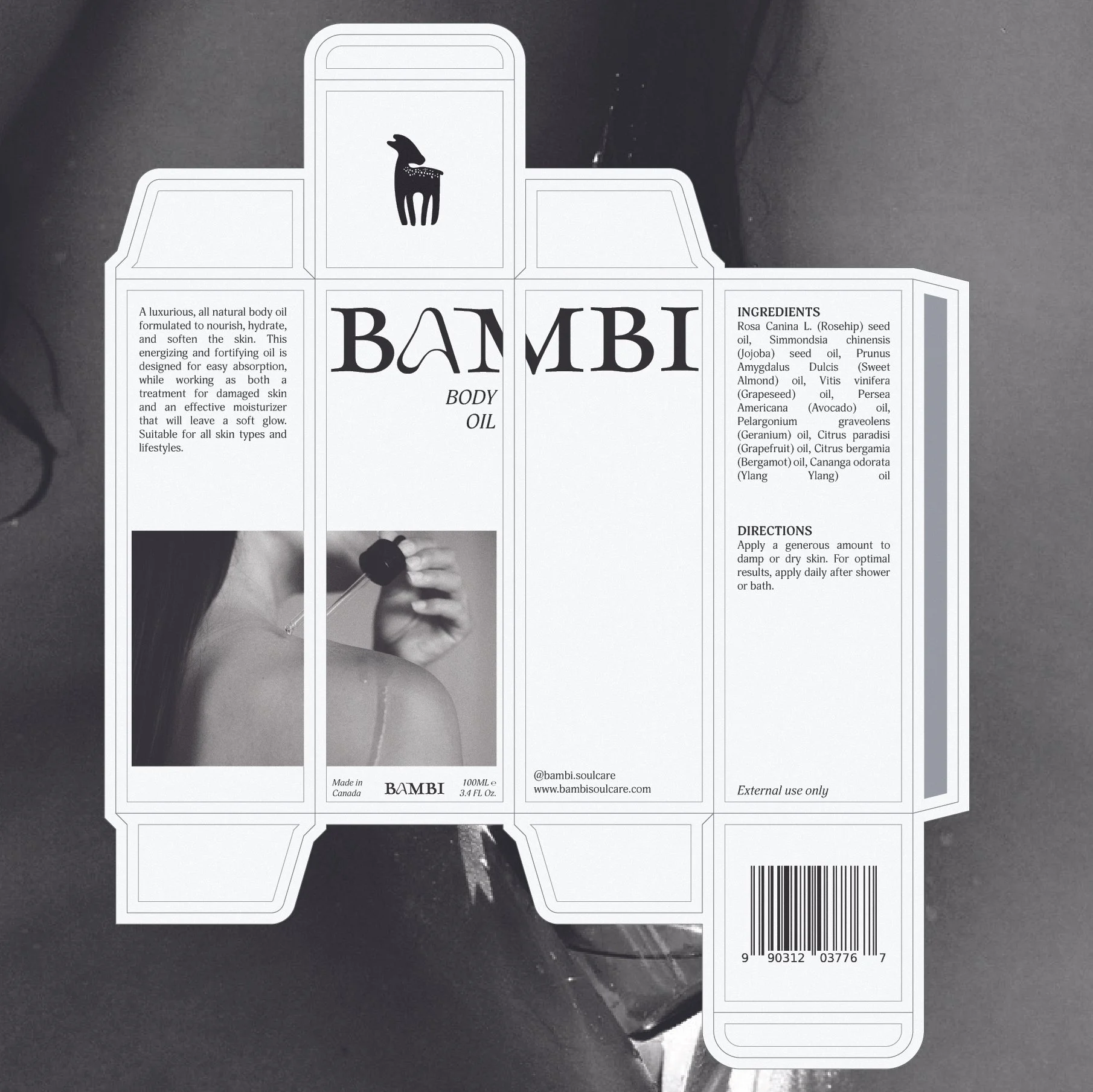 Packaging box for Bambi body oil with black and white design, product description, ingredients list, directions for use, barcode, and website information.