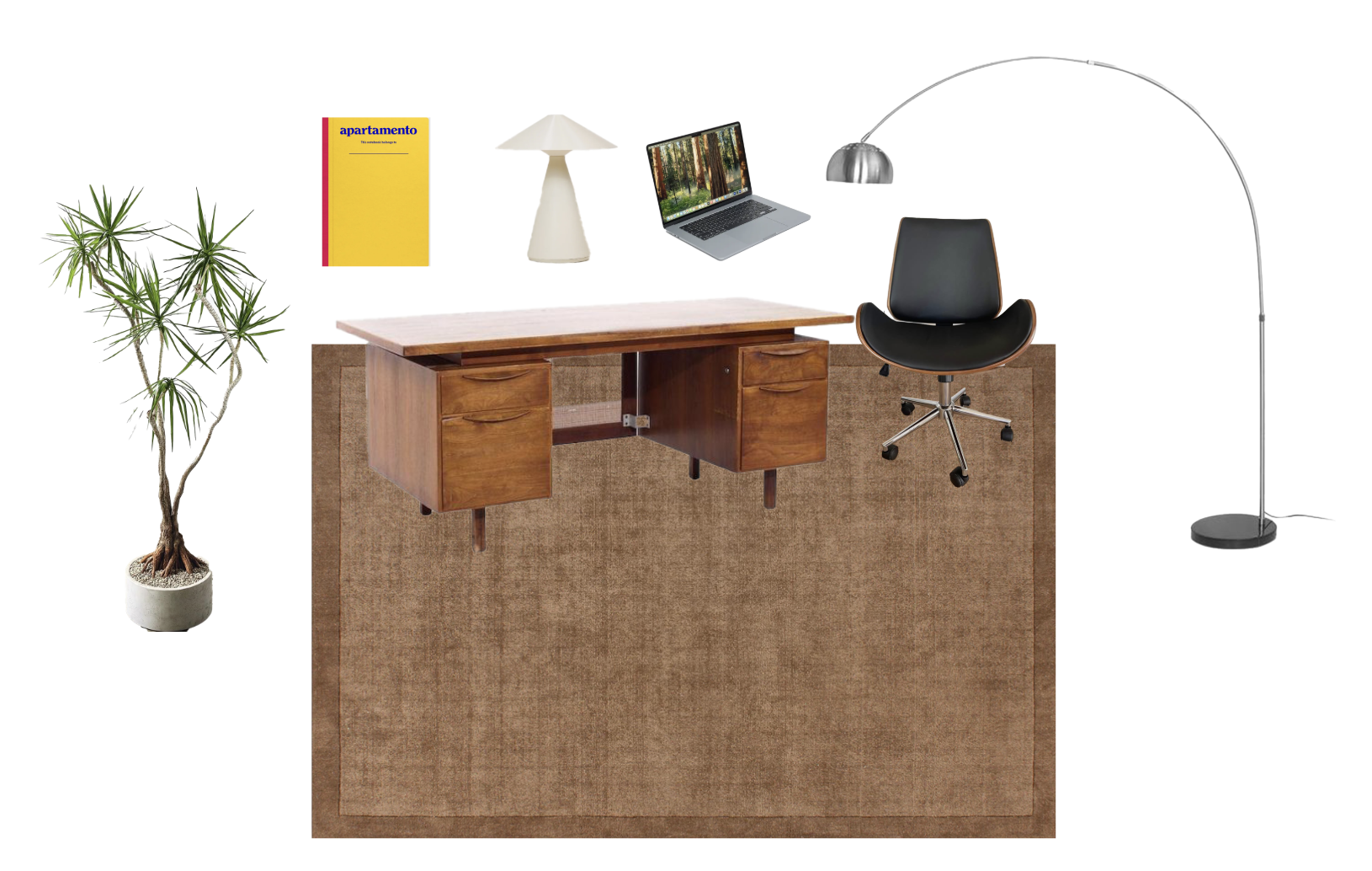Arrangement of office furniture and accessories including a wooden desk, black office chair, tall metallic floor lamp, white table lamp, laptop displaying a nature scene, yellow notebook titled 'apartamento', potted plant, and brown textured rug.