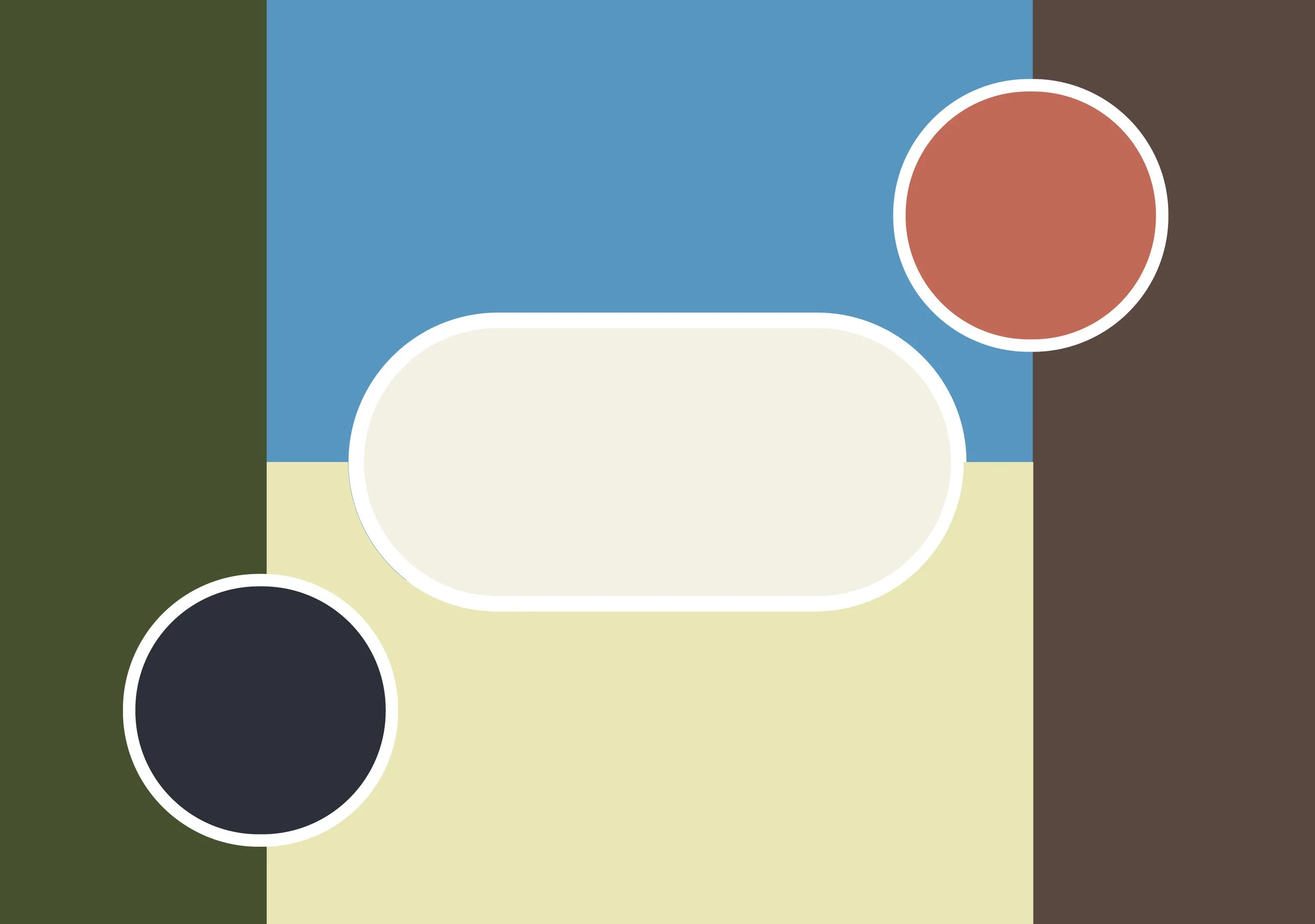 Abstract geometric artwork with central oval shape, background divided into four quadrants of green, blue, beige, and brown, with three large colored circles in red, dark gray, and black with white outlines.