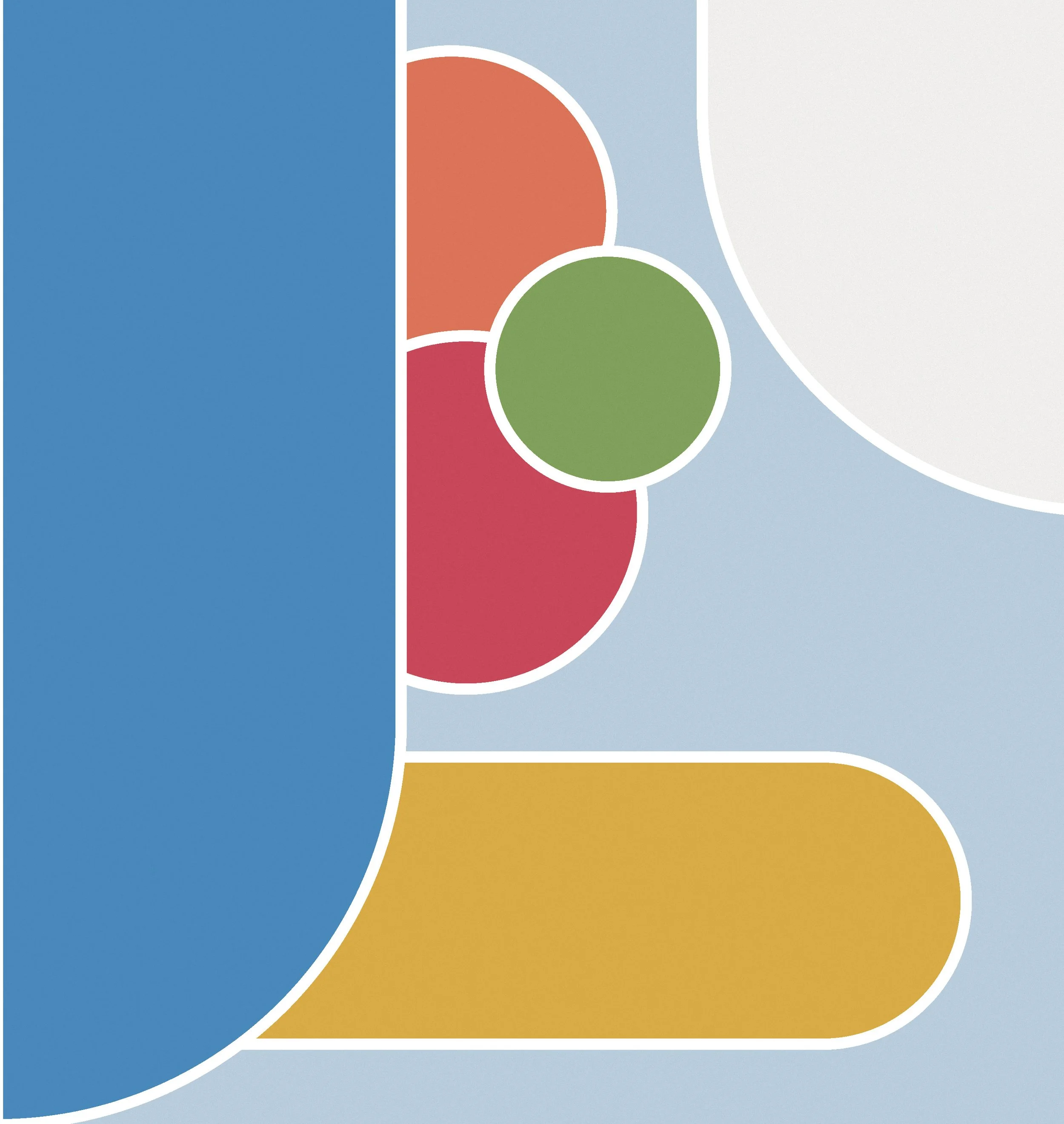 Abstract modern art design with large blue, red, green, yellow, and white shapes and white outlines on a light blue background.