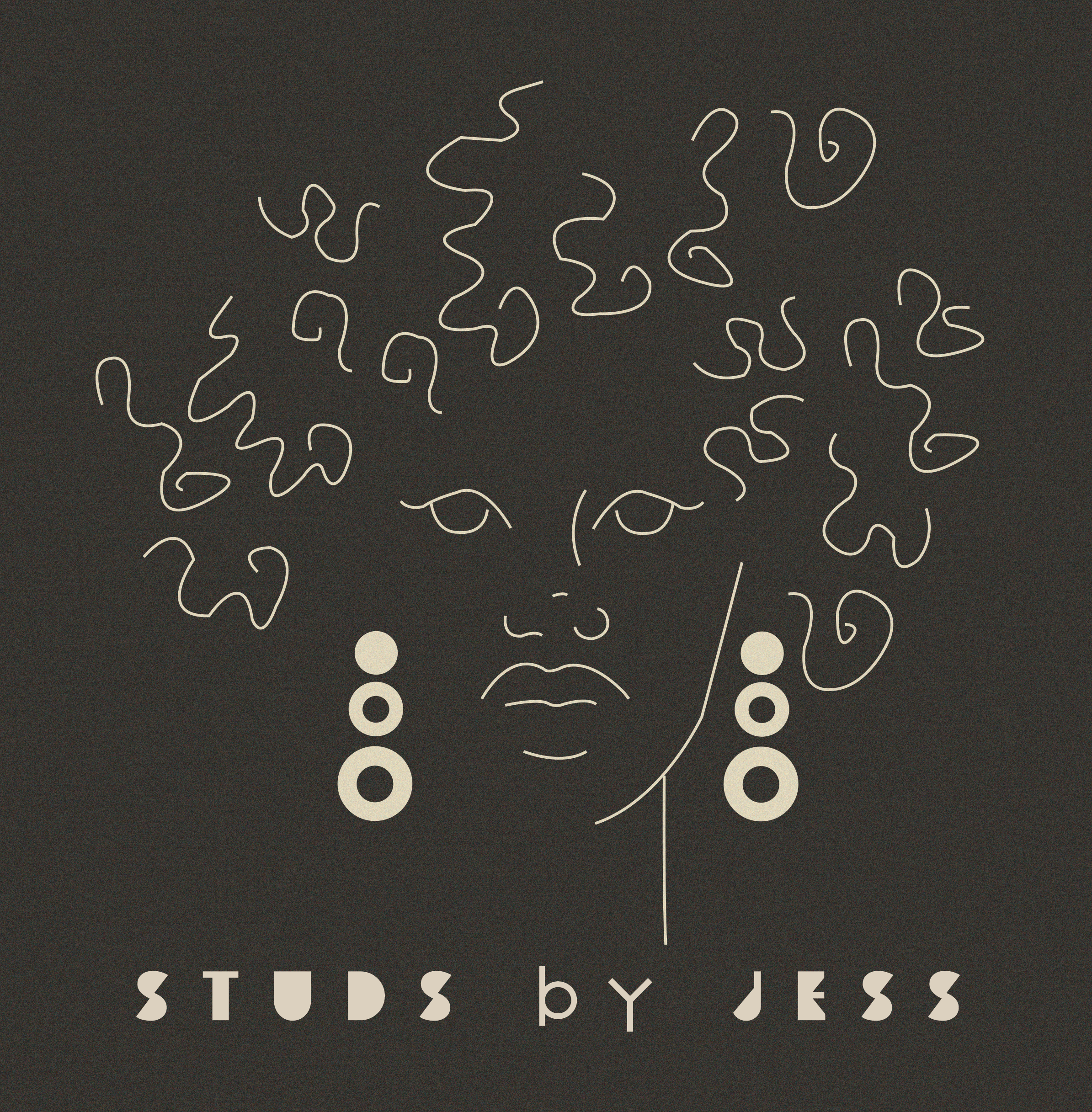 Minimalist line art illustration of a woman's face with curly hair and large earrings, with text "STUDS BY JESS" beneath.