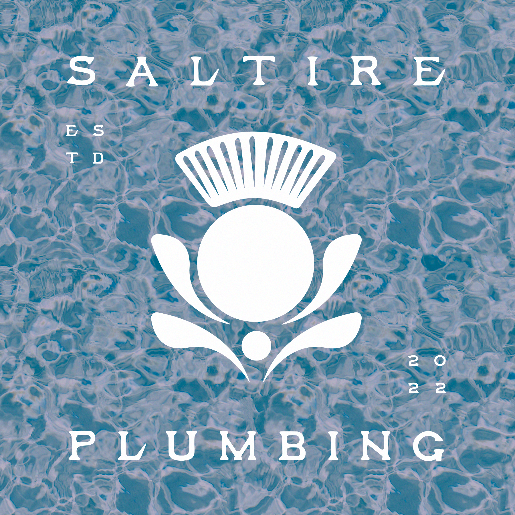 Logo of Saltire Plumbing with a stylized plumber's tool or emblem against a textured blue water surface background.