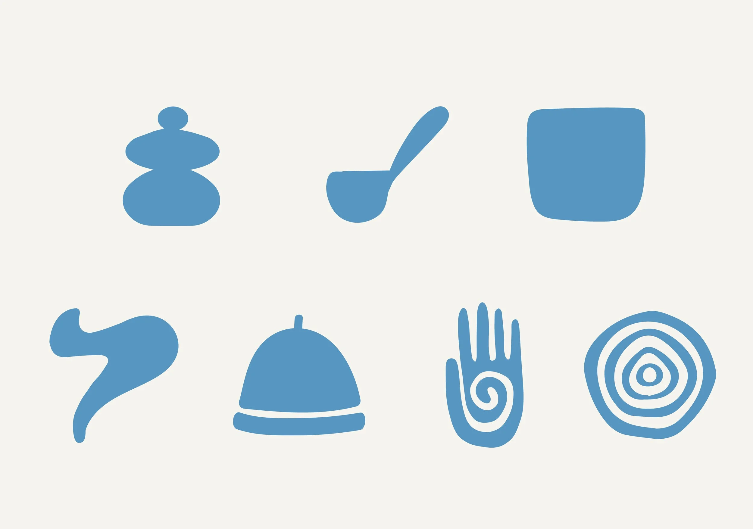 Six abstract blue symbols on a light background, including a stacked stone, a spoon, a cup, a question mark, a domed hat, a hand with a spiral, and a concentric circle shape.